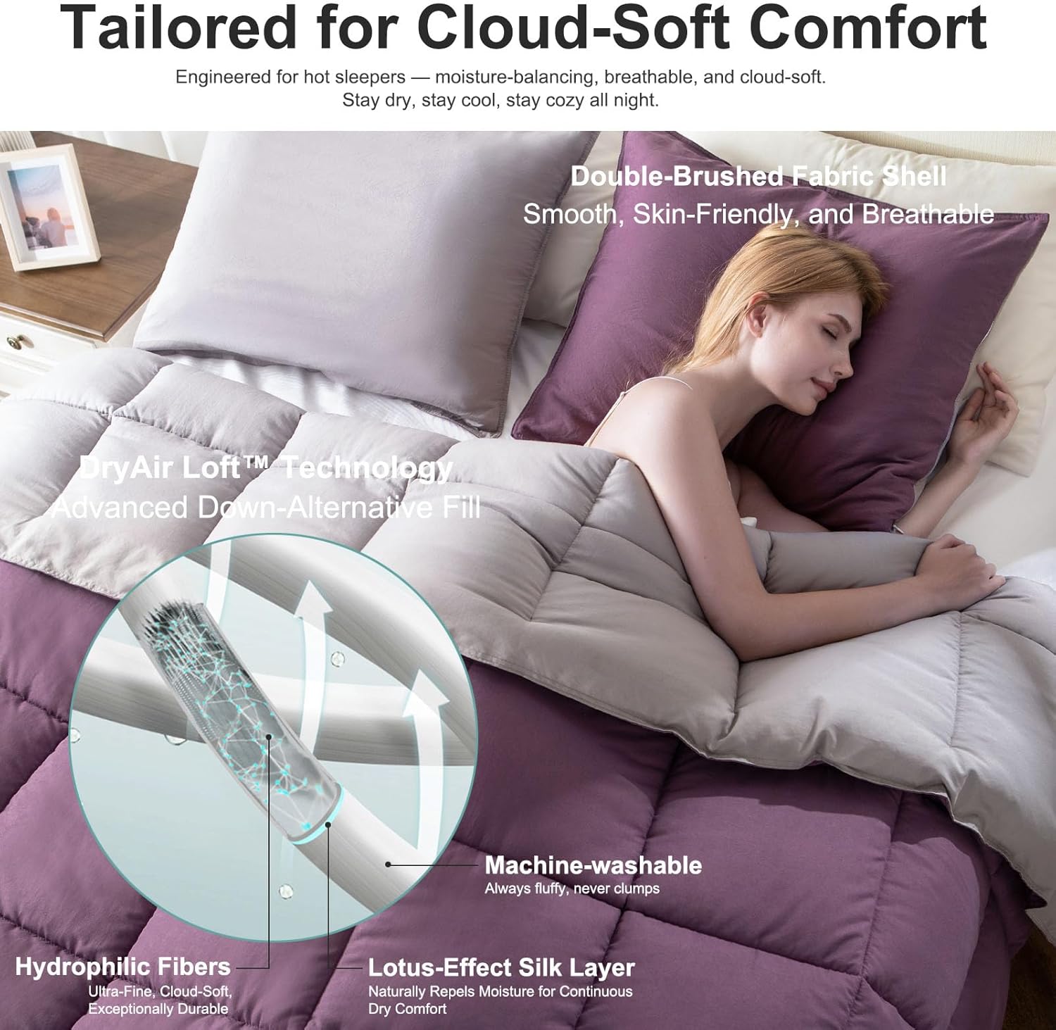 KASENTEX Queen Comforter Set – Reversible Dual Color – Goose Down Alternative – Ultra-Soft, Lightweight, Machine Washable, Maintain Fluffiness, All Season Warmth (Grape Jam/Gull)