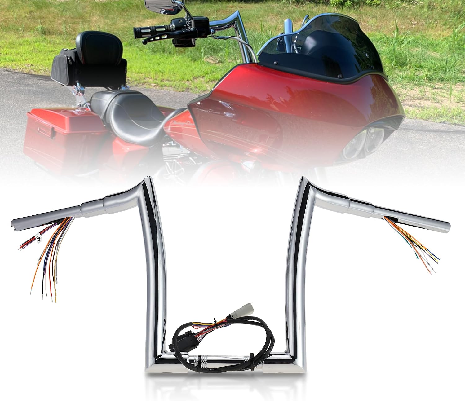 Pre-wired 12" Rise Road Glide Handlebars 1.5 Inch Meathook Ape Hangers for Harley 2008-2013 Road Glide（Chrome）