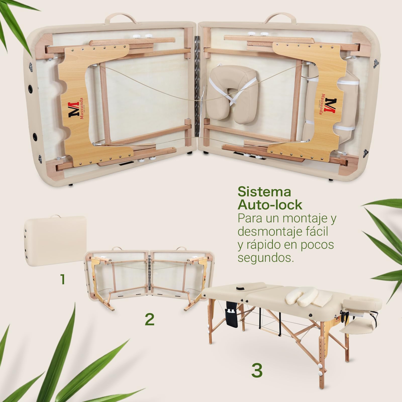 MASSUNDA - Camilla Masaje móvil Confort Deluxe Regulable en Altura - Camilla estetica Ancha de Madera Maciza - Camilla con reposacabezas ergonómico, Funda, reposabrazos, cojín (Negro) Crema