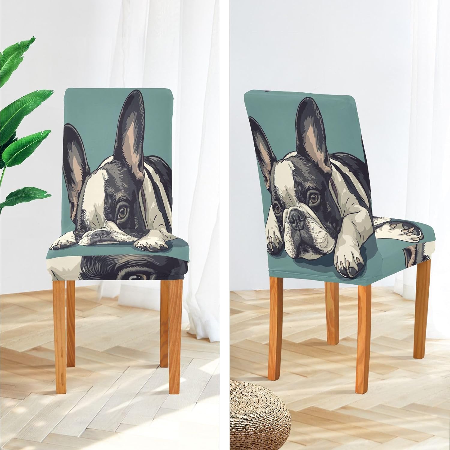 ALAZA Chair Covers for Dining Room, French Bulldog on Green Stretch Chair Cover Sets Chair Protector Removable Washable for Ktichen Restaurant Hotel