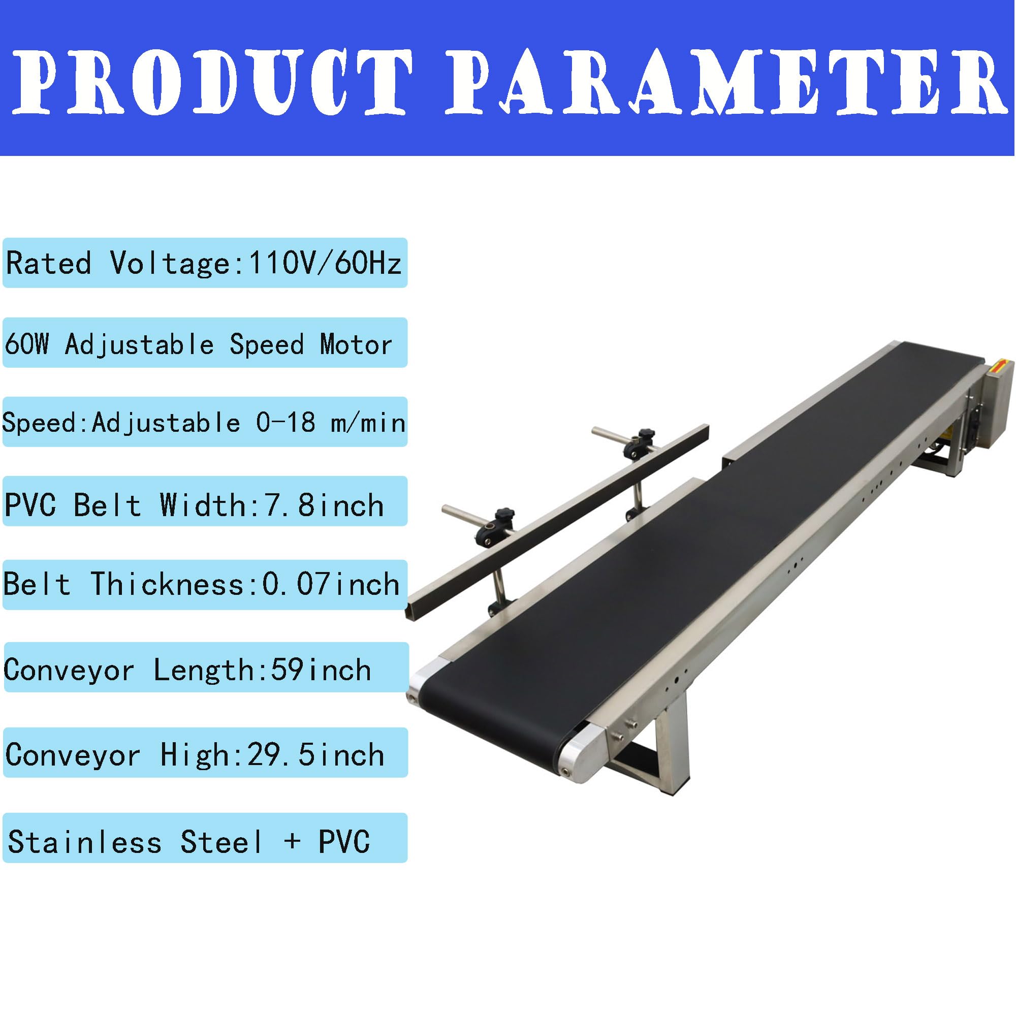 HQHAOTWU Flat Belt Conveyor PVC Belt Transport Conveyor Benchtop with Single Guardrail Industrial Transfer Conveyor Stainless Steel Frames 59×7.8inch Belt