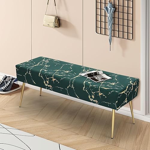 Miniatura 9 de MoNiBloom Banco otomano tapizado de terciopelo verde para dormitorio, extremo de cama, moderno patrón de mármol, otomano elegante y versátil,