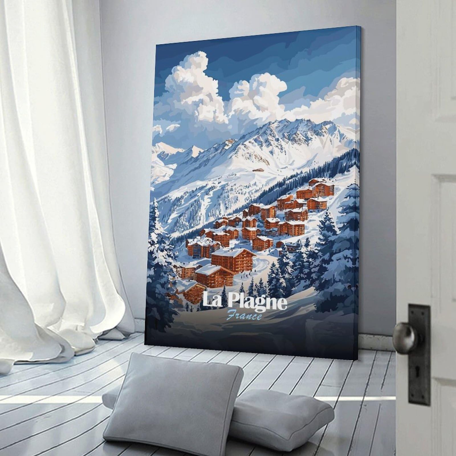 Junmoney La Plagne Ski Resort Canvas Wall Decor, 24x36inch(60x90cm), for Home Lounge, Bedroom Or Reading Nook, Modern Wall Decor for Cosy Interiors