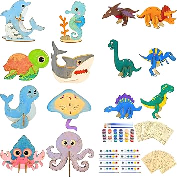 Vileafy Wooden Crafts for Kids Ages 4-8, Paint & Build 14 Dinosaur & Ocean Animal DIY Crafts with Paints & Brushes, 3D Wooden Arts and Crafts Activity for Classroom, Birthday Parties & Gifts