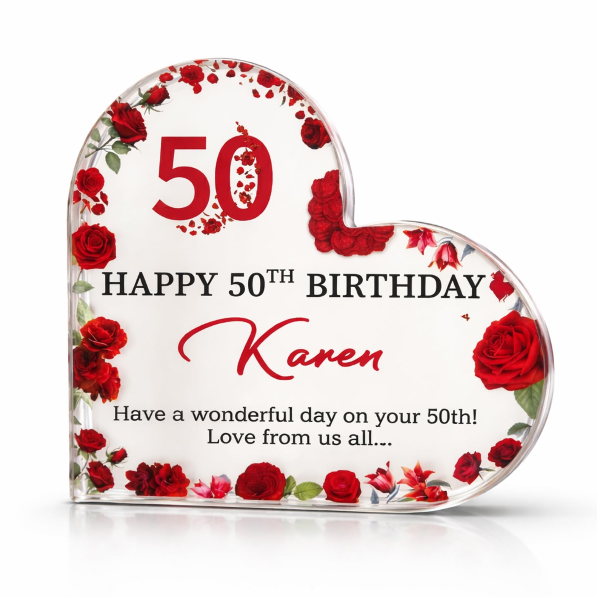 MyKeepsy Personalised Birthday Heart Acrylic Plaque | Custom Name & Number Floral Gift (Red Rose Floral)