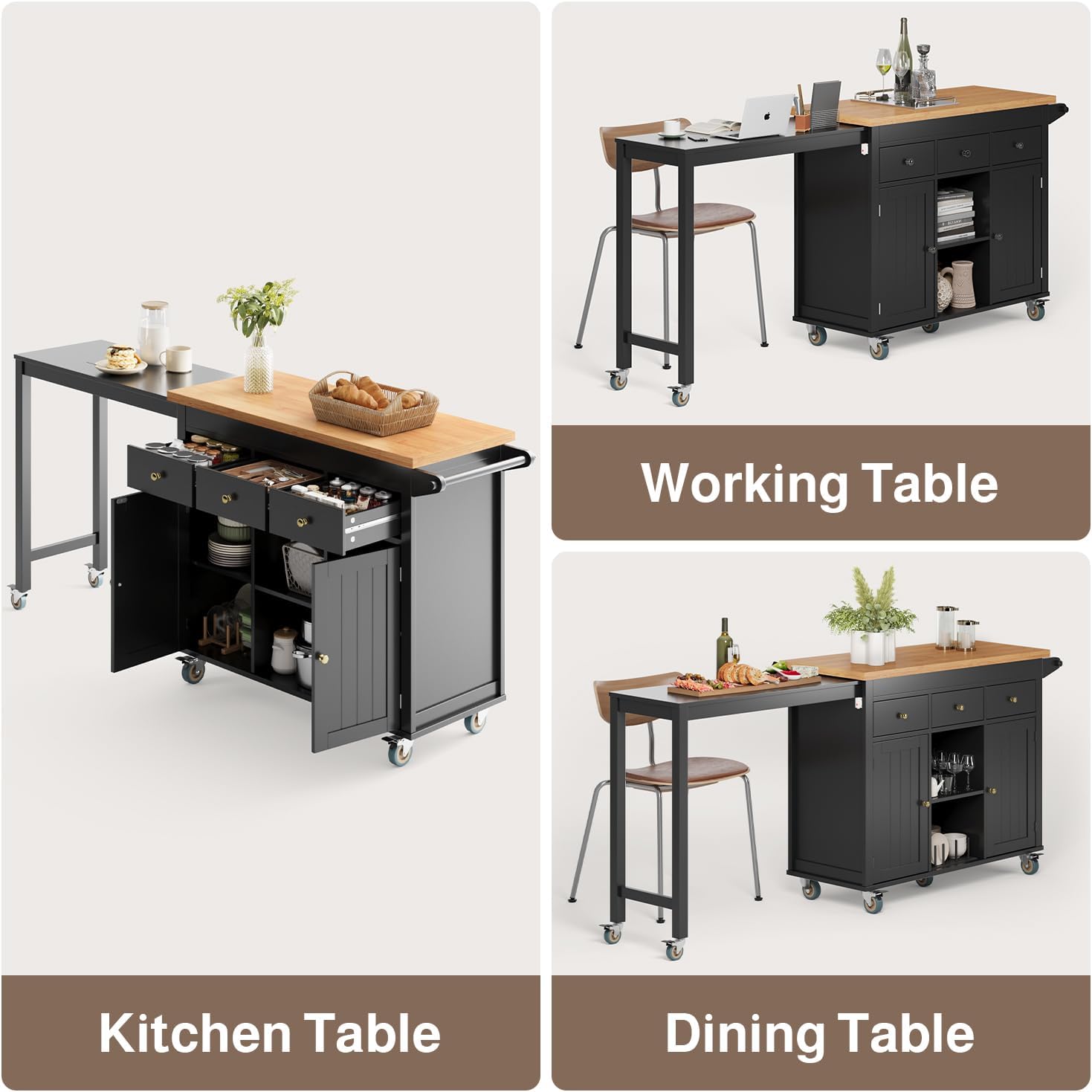 Ahomly Kitchen Island with extended table and items on top