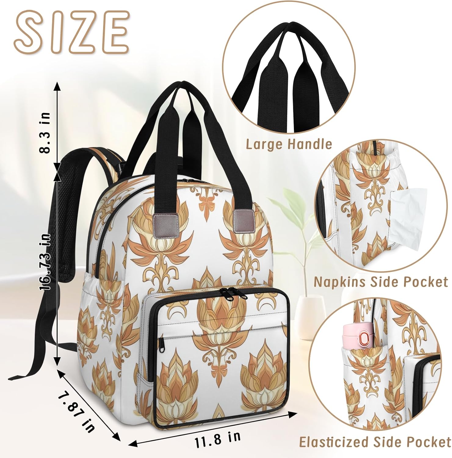 Lotus Diaper Bag Backpack Essentials Travel Tote Multifunction Waterproof Bag with Stroller Straps USB Charging Port Floral