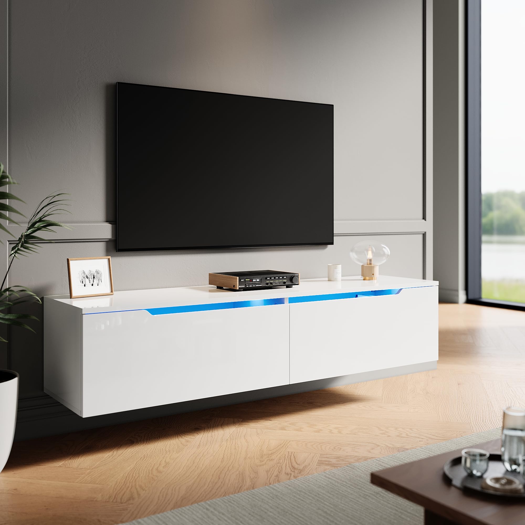 ELEGANT Gloss White Floating TV Unit Cabinet 1400x350x300mm Wall Mounted TV Shelf, Entertainment Center for Living Room, Floor-standing Available