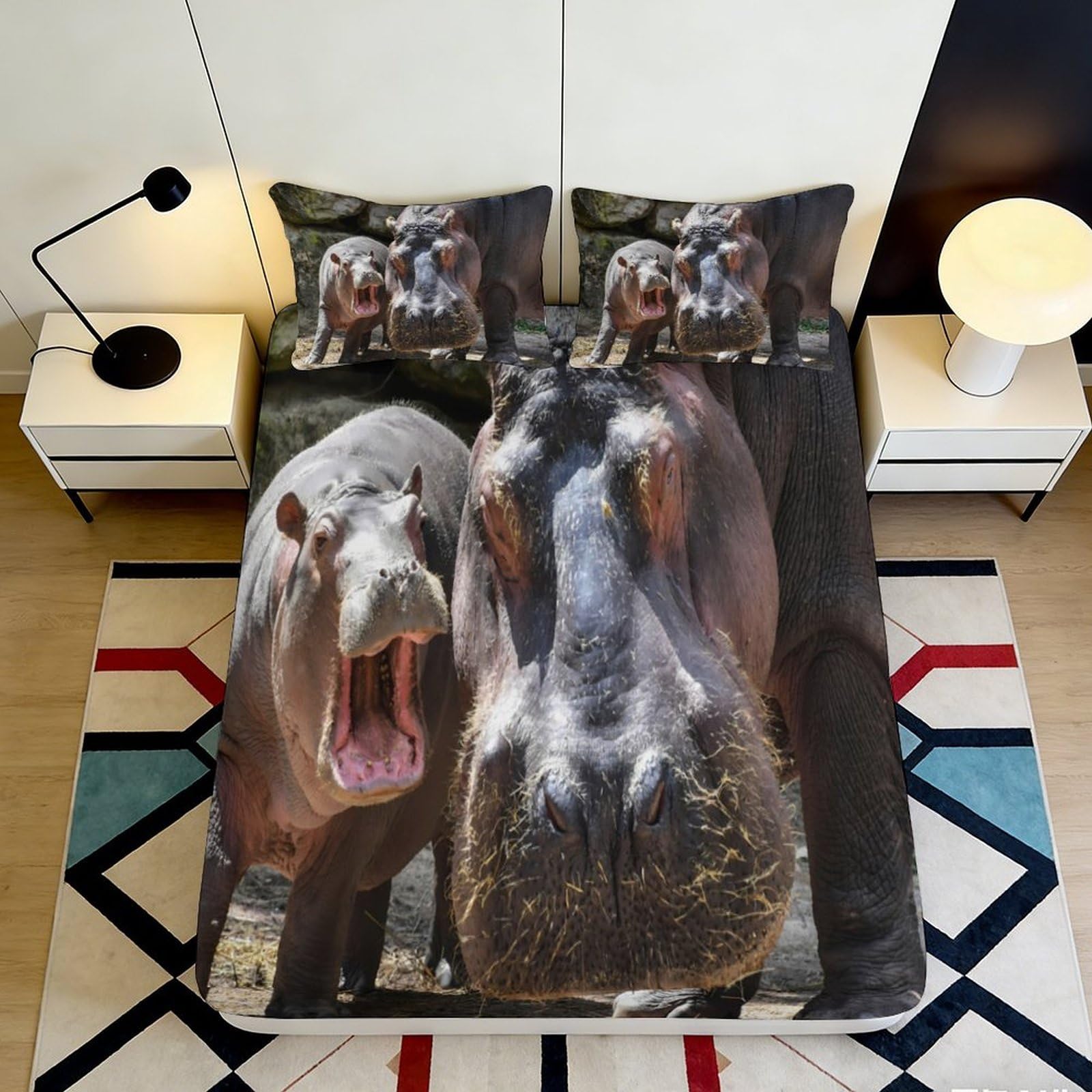 3D Printed Hippopotamus Fitted Sheet Microfiber Soft Durable Hippo Bed Cover for Bedroom Dormitory Guest Room Mattress Protection Decor 120x200x25cm