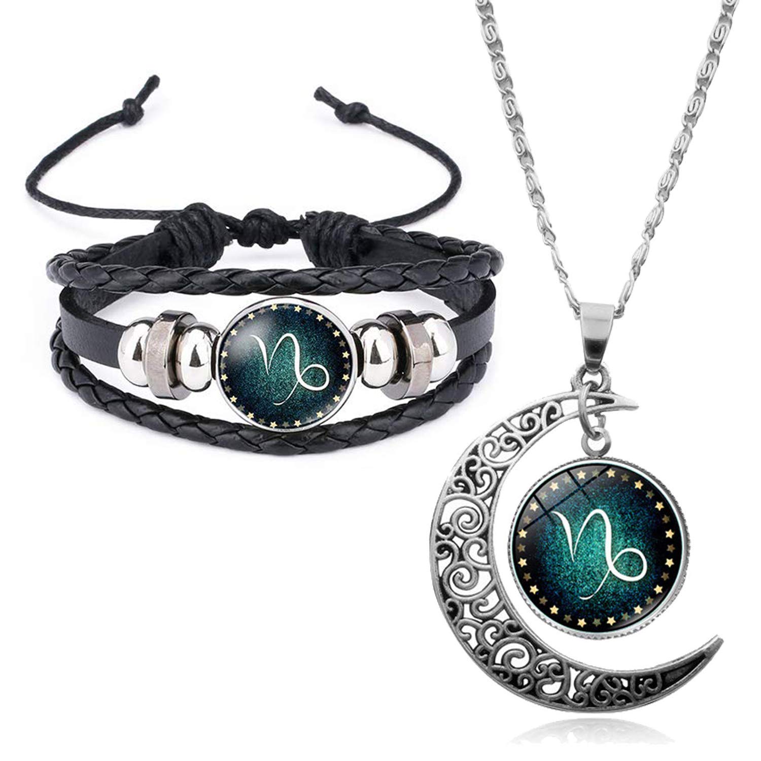 Gift Valentine Gift Rakhi Gift Friendship Day Gifts Specials for girlfriend valentine gifts for boyfriend zodiac sign 12 constellation silver moon princess length pendant necklace for women girl stylish trendy handmade black leather bracelet for men boy unisex (Combo of 2)-image-11