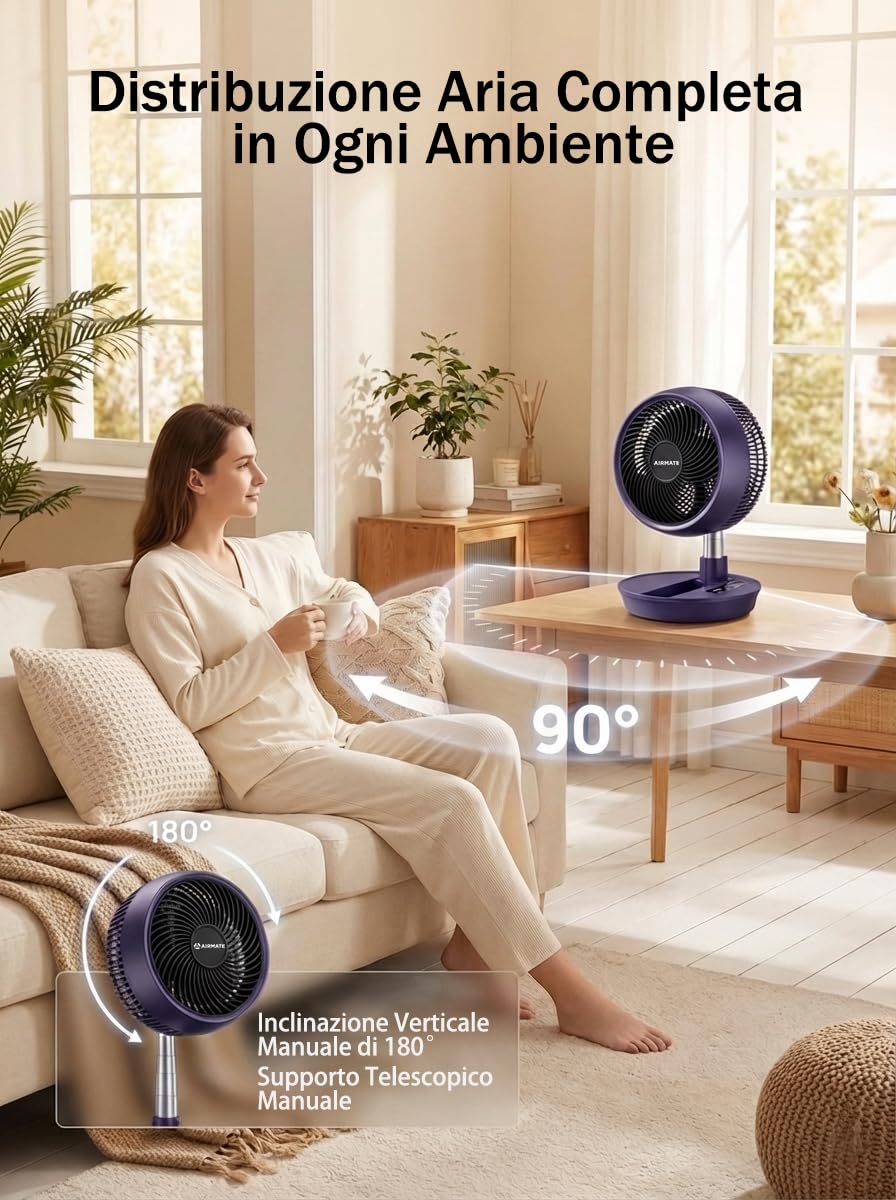 AIRMATE 63CM Ventilatore a Piantana con Telecomando, Ventilatore da Tavolo Silenzioso Pieghevole e Altezza Regolabile, 90°+180°Oscillante, 8 Velocità, Timer, Ventilatore Potente per Scrivania e Camera