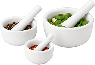 HIC Kitchen Mortar and Pestle Set, Fine Porcelain, Set of 3 Sizes, Spice Herb Grinder, Pill Crusher, Nut Butter Maker