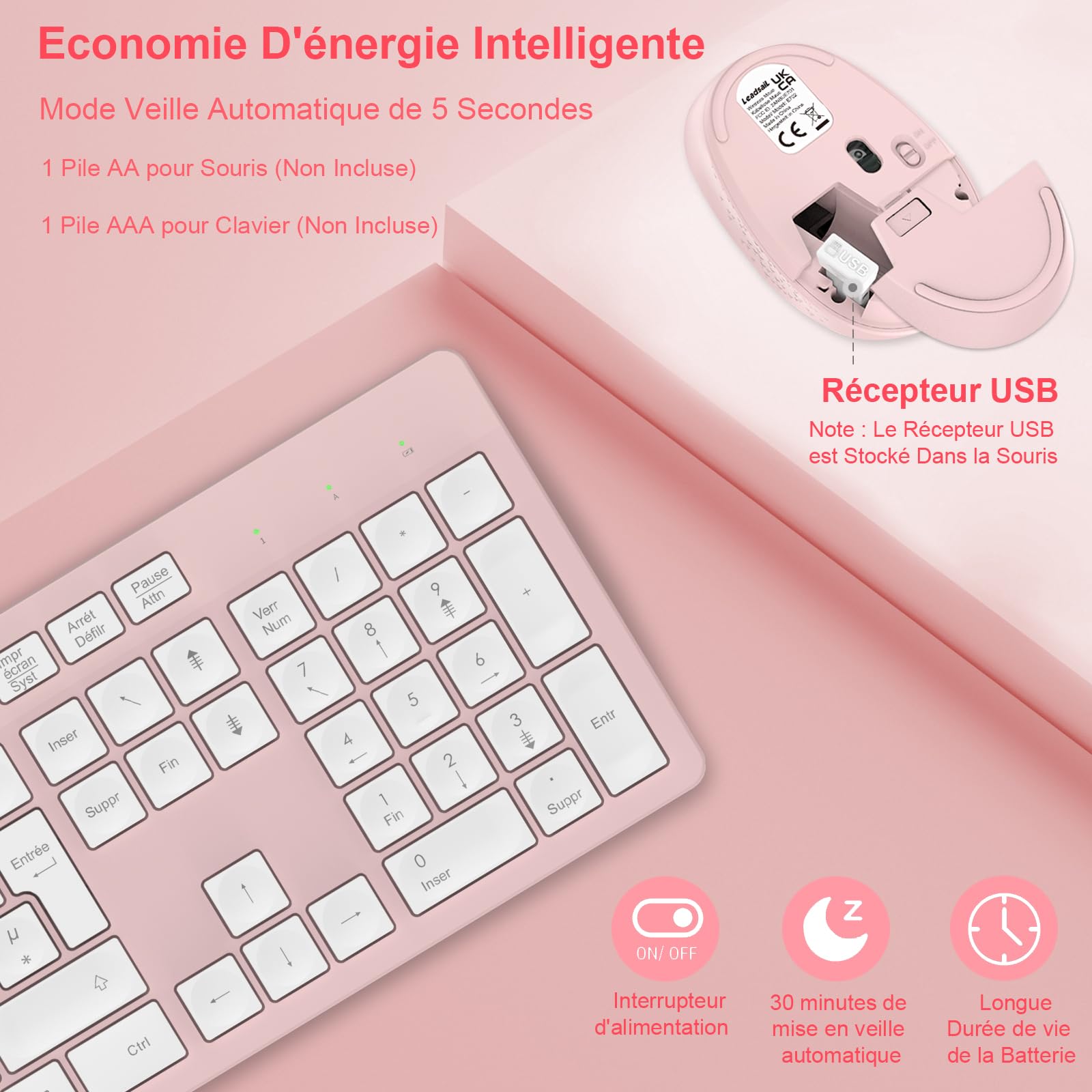 LeadsaiL Ensemble Clavier et Souris sans Fil, Ultra Mince and Silencieux Clavier AZERTY Français Pleine Taille 2.4G avec Récepteur USB pour PC, Ordinateur Portable, Windows, Mac -Rose