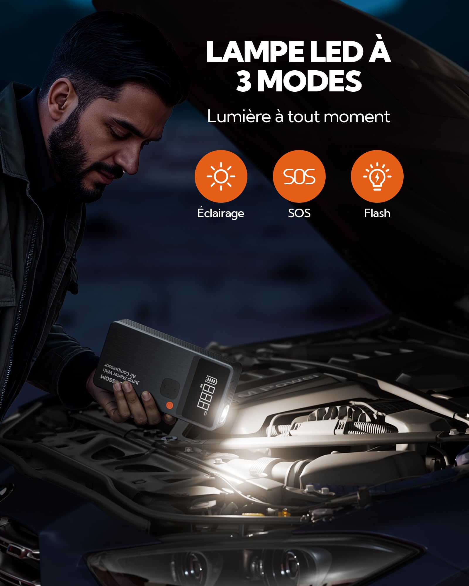 Booster Batterie Voiture avec Gonfleur,Demarreur Batterie Voiture avec Compresseur d'air Portable 7en1,Jump Starter Boost pour Moto de 12000 mAh,Booster d'urgence avec Lampe LED,Charging USB-C