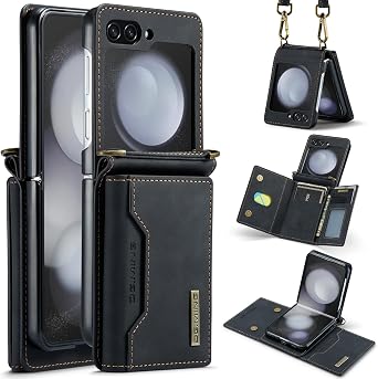 Compatible with Samsung Galaxy Z Flip 5 Case, Three Fold Leather Wallet Phone Cases with Shoulder Strap&Card Holder,Leather Pocket Phone Cases Black