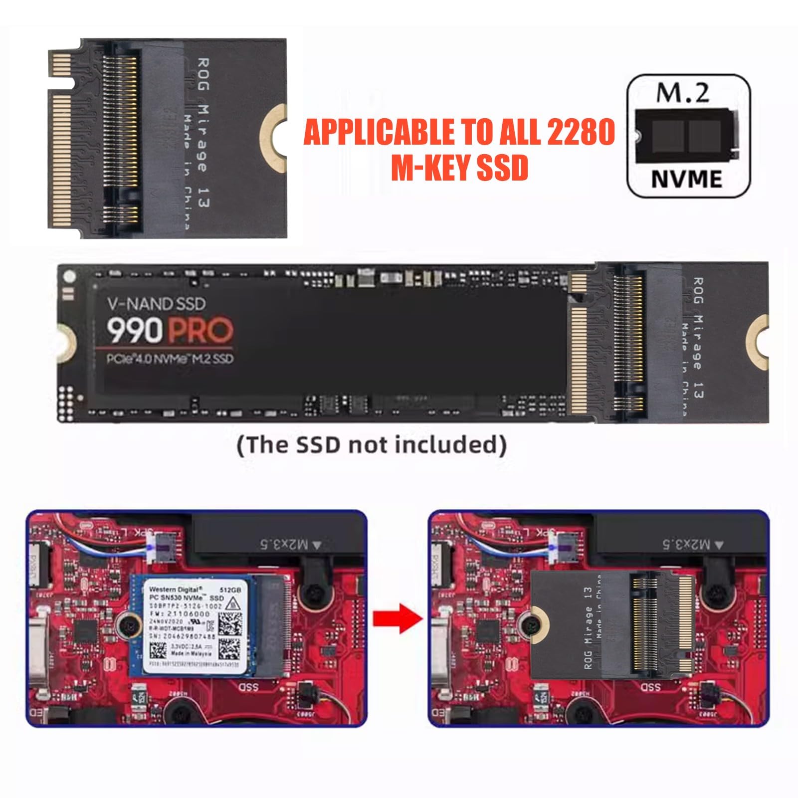 dla Asus ROG Phantom 13 Laptop 2230 do 2280 SSD adapter karty rozszerzeń NVME M-Key M.2 PCIE 4.0 złoty adapter do palców aktualizacja konwertera 180 stopni do tyłu laptopa
