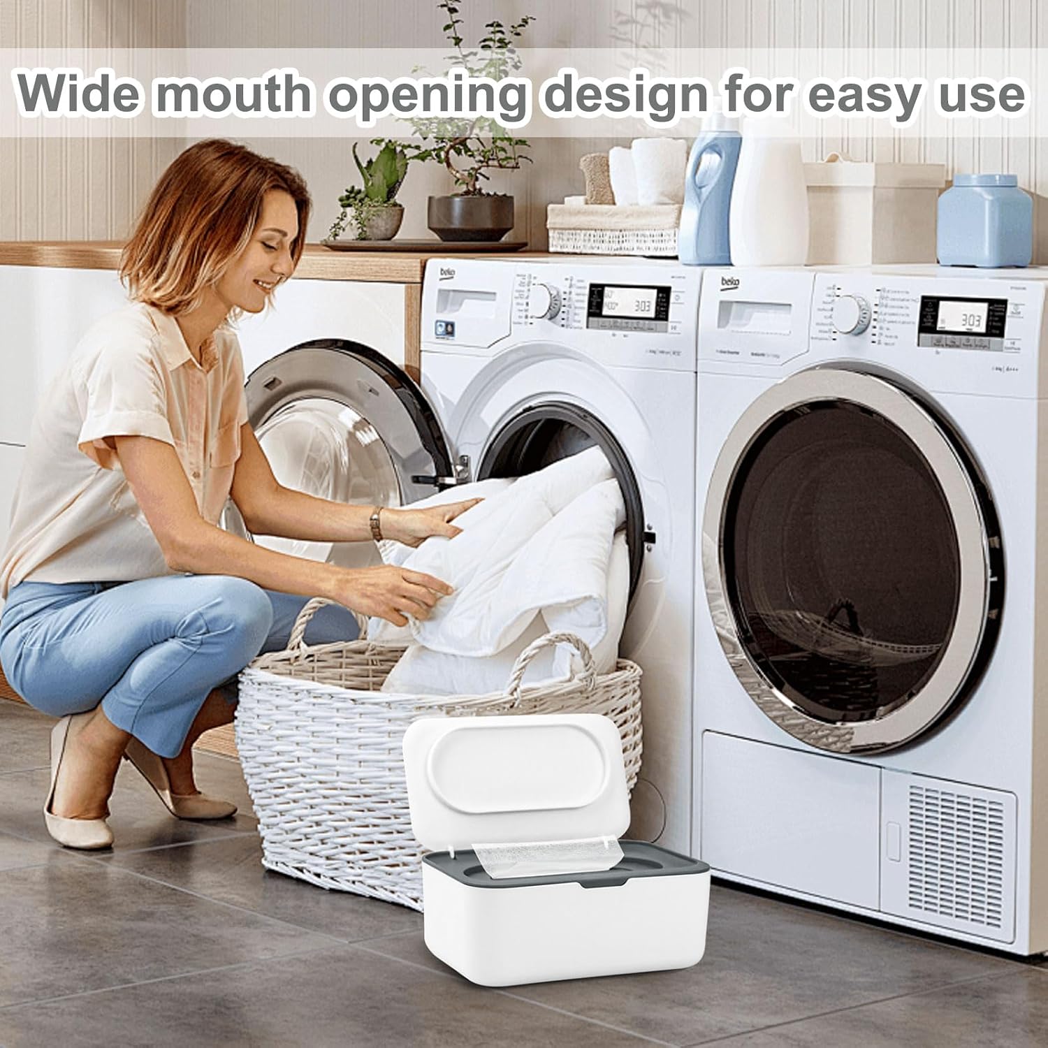 Dryer Sheet Holder, Laundry Dryer Sheet Container With Lid Dryer Sheet Dispenser Organizer Basket, Fabric Softener Sheet Storage Box for Laundry Room Washer Organization (Gray)