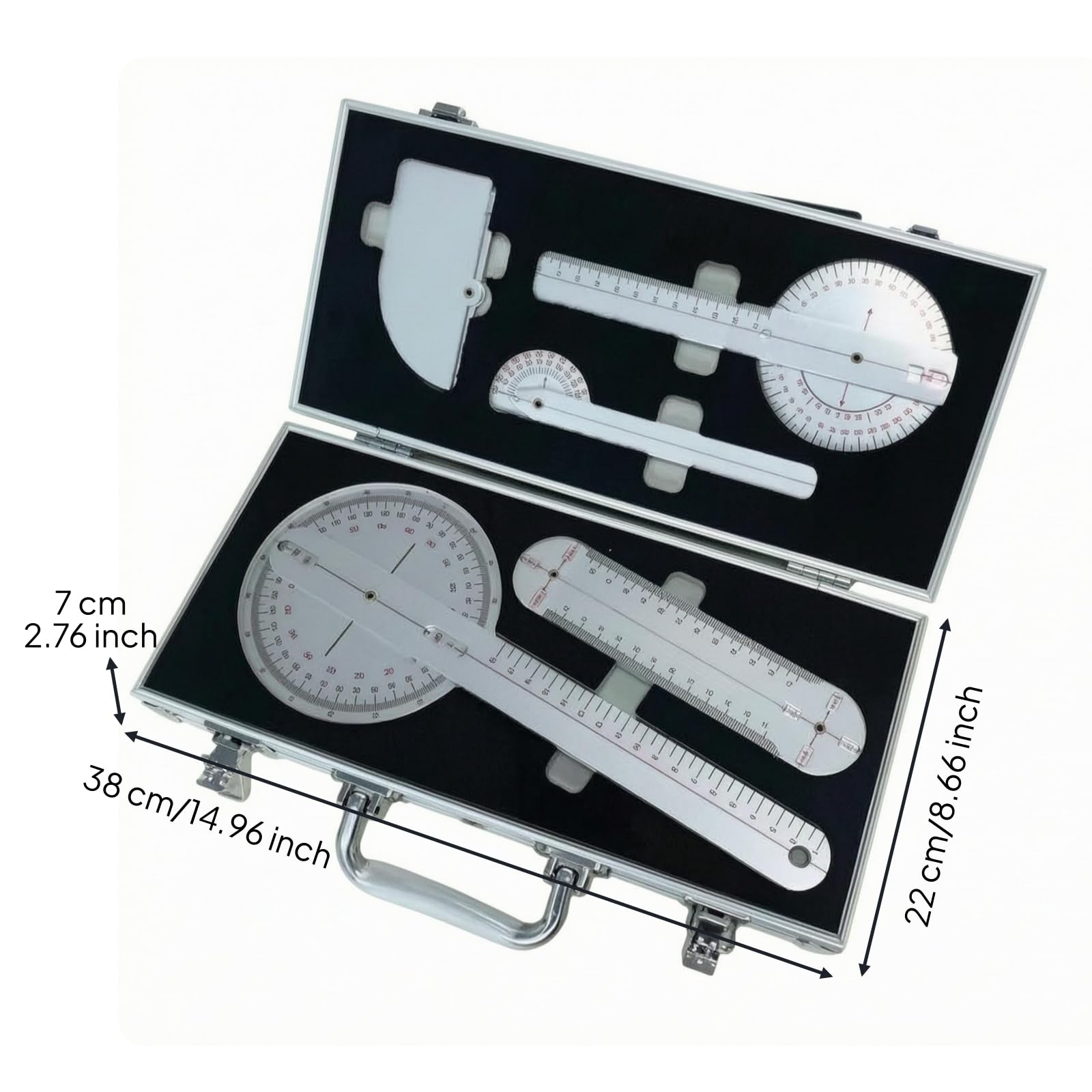 Goniometro Articolare Valigetta in Metallo Kit Goniometro Chiusura a Scatto Righello Goniometrico per Fisioterapisti, Ortopedici, Studio Medico, Lega Di Alluminio Con Scatola