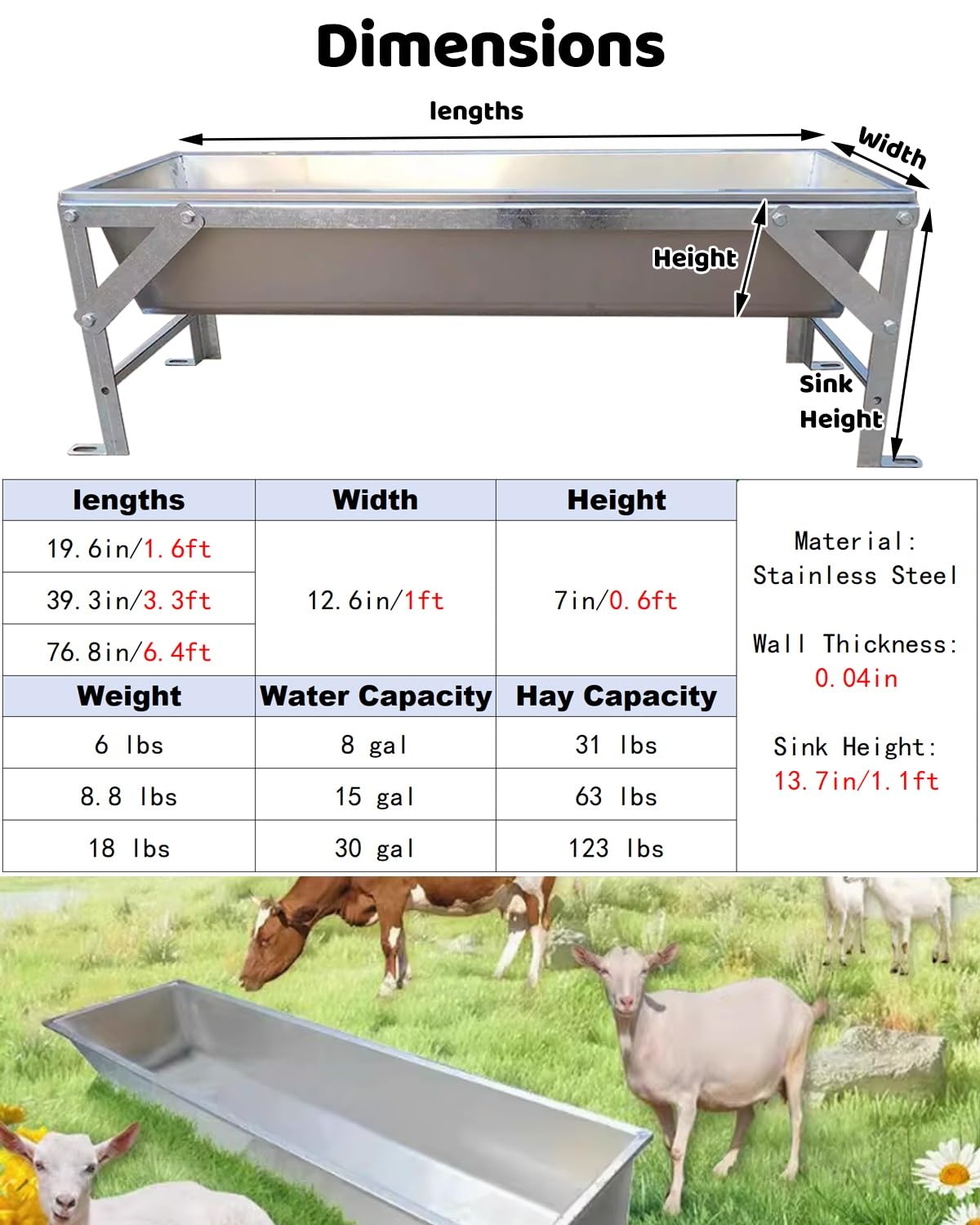 Comedero de acero galvanizado resistente con soporte, bandeja de suplemento duradera para ganado, cabras, cerdos, caballos y terneros