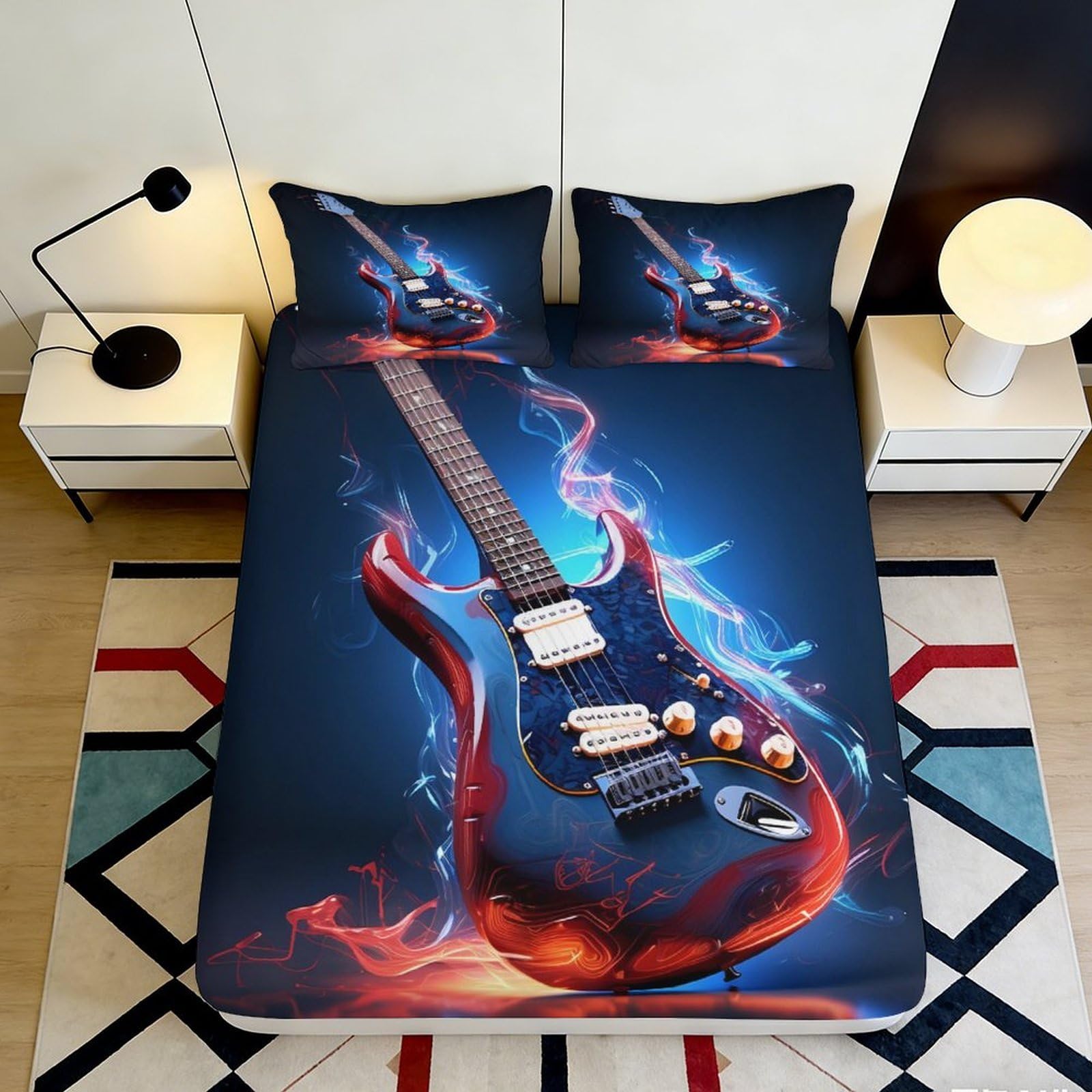 Pnayamiorkfel Style-2 3D Printed Electric Guitar Fitted Sheet Microfiber Red Blue Flames Bed Cover For Bedroom Guest Room Mattress Decor 90X200x25cm