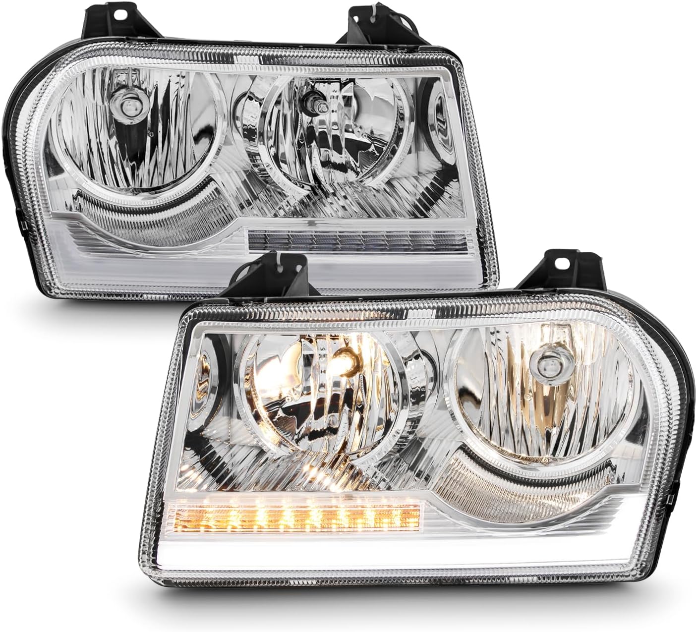 AKKON - Fits 2005-2009 Chrysler 300 [Halogen Type] Chrome Headlights w/LED Sequential Turn Signal Pair Driver+Passenger