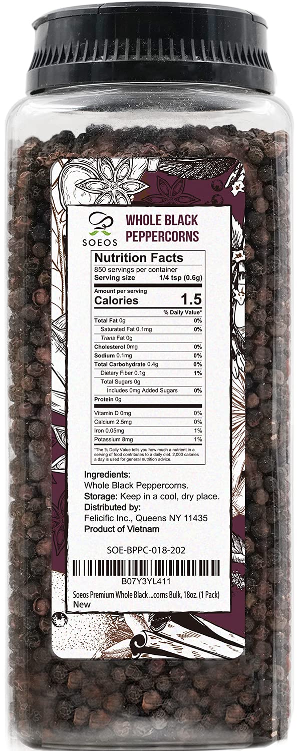 Soeos Whole Black Peppercorns, 18oz, Non-GMO Verified, Black Pepper, Kosher, Grade AAA, Freshly Packed to Keep Peppers Fresh, Safe, and Better Taste, Black Peppercorns for Grinder Refill, Peppercorns Bulk, Peppercorns Whole, Pepper Corns for Grinder, Black Peppercorns for Grinder/Pepper Mill Refill, Whole Black Peppercorns Peppercorn for Grinder Refill 