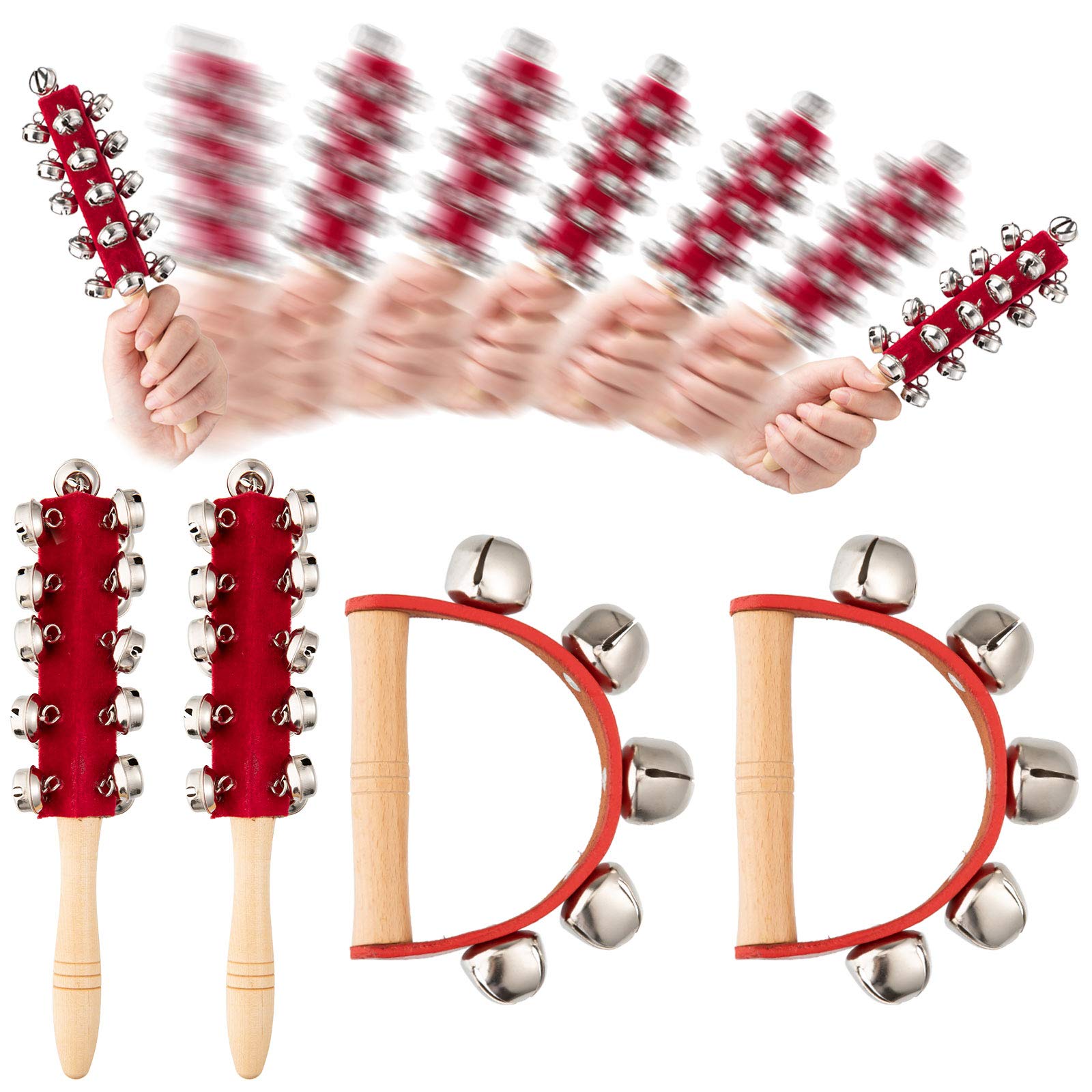 Whaline 4pcs Christmas Hand Jingle Bells Hand Sleigh Bells Wooden bell with Handle Handhold Bell Rattles Musical Instrument Toy Gifts School Desk Ring Bell for Education Party, Red
