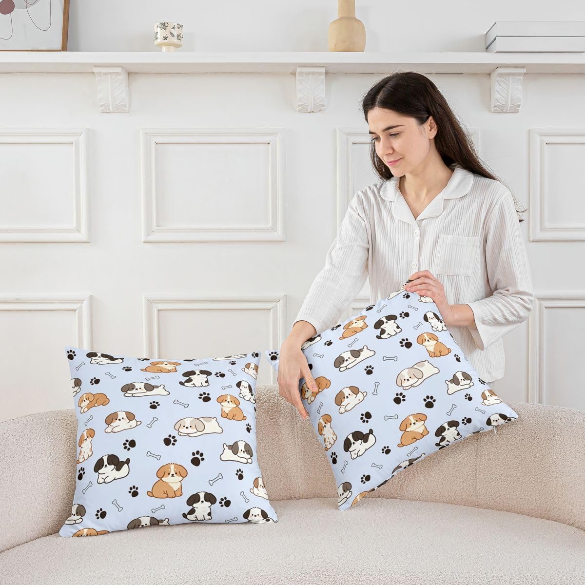 Castle Fairy Baby Blue Cartoon Puppy Cushion Cases 24X24 Set of 2 Cute Paw Print Throw Pillow Covers Kawaii Pet Themed Cushion Covers for Kids Decorative Pillowcases Soft Pillows Covers Paw Blue image 3