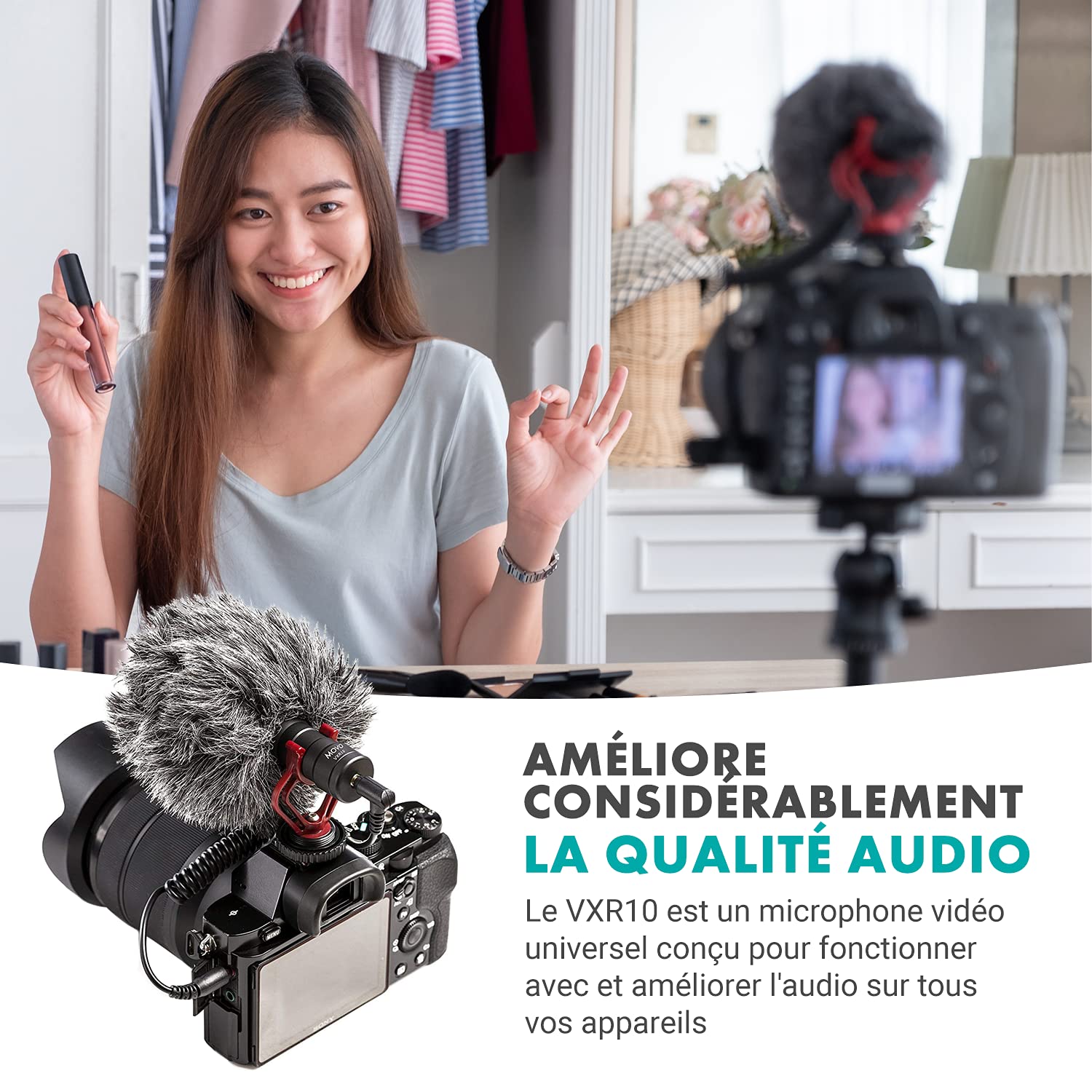 Movo VXR10 Microphone Anti Vent Anti Choc Universel Vidéo sur Pied pour iPhone, Android, Canon EOS, Appareils Nikon DSL et Parfait pour Podcast, Youtube, Gaming, Streamer, TikTok