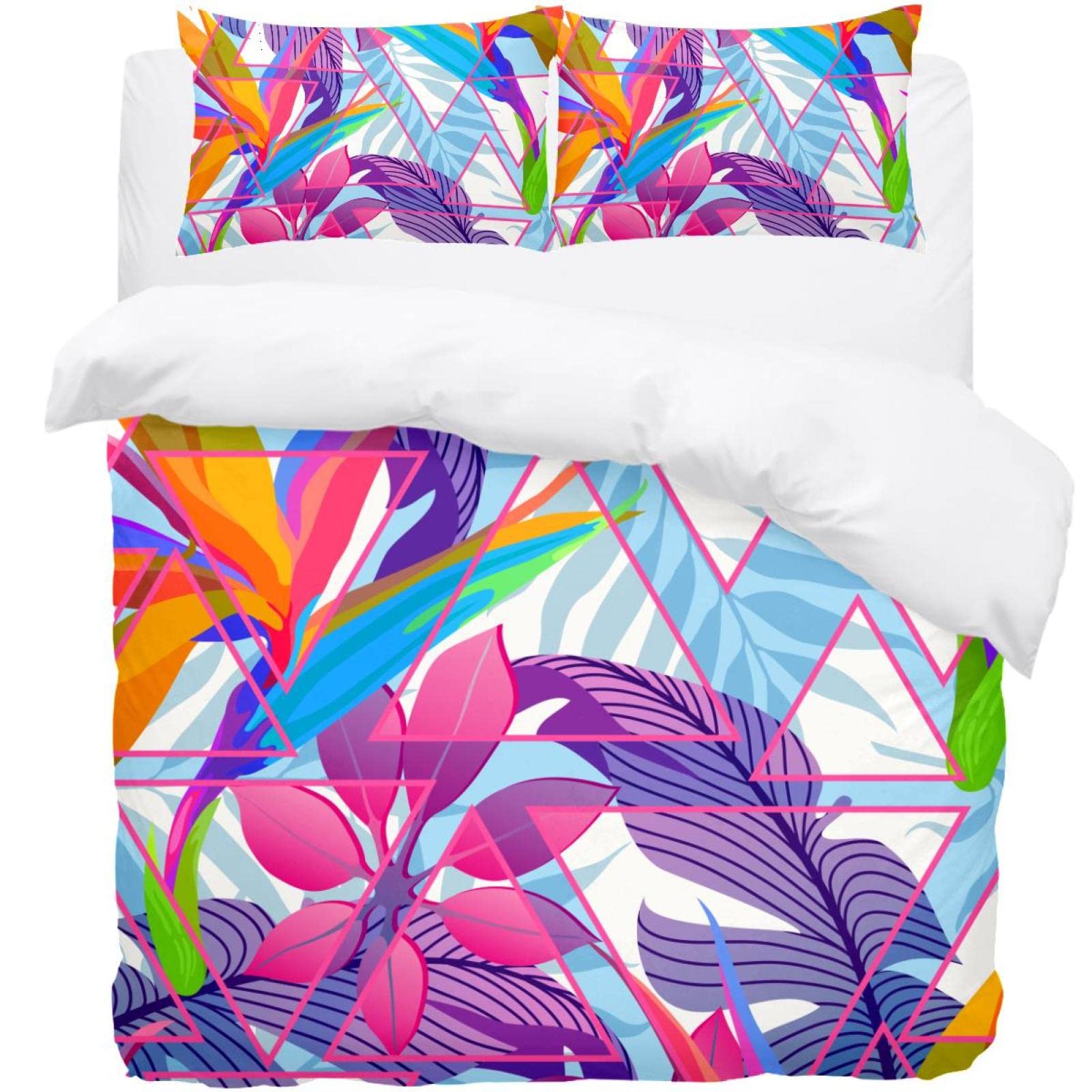 Parure de lit king size haut de gamme motif feuilles et triangles