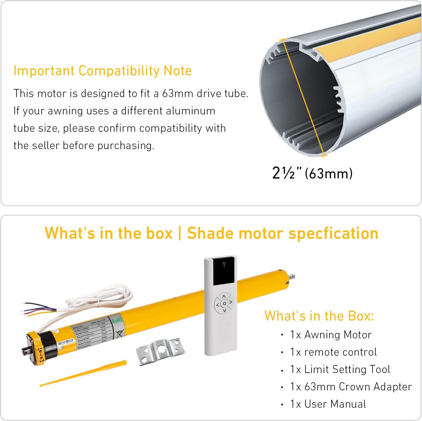AM45-50/12-XP 110V Awning Motor for 63mm Tube – Replacement Electric Patio Blind Motor for Awning Shade Blinds | Motorized Shutter, 45mm Diameter, 50N Load Capacity, IP65 Waterproof