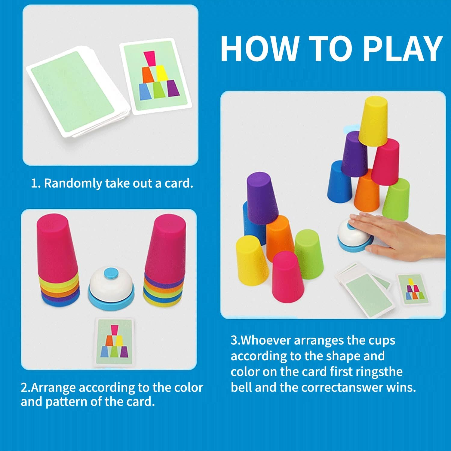 Stacking Cups and Wooden Balancing Blocks Game with Bell, Matching Puzzle STEM Educational Toy for Kids Ages 3-8, Family Party Game for Boys Girls