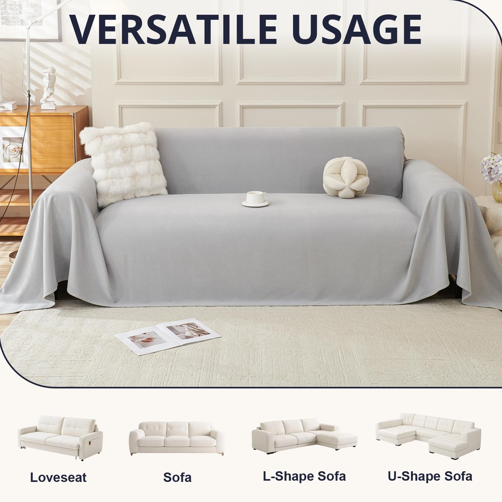 Royhom Sofa Überzug, Chenille Couch Überzug Ecksofa, Sofabezug L Form, Sofa Schutzdecke, Sofahusse mit Armlehne, Sofaüberwurf Decke Weich und Bequem, Hellgrau, 300x180 cm