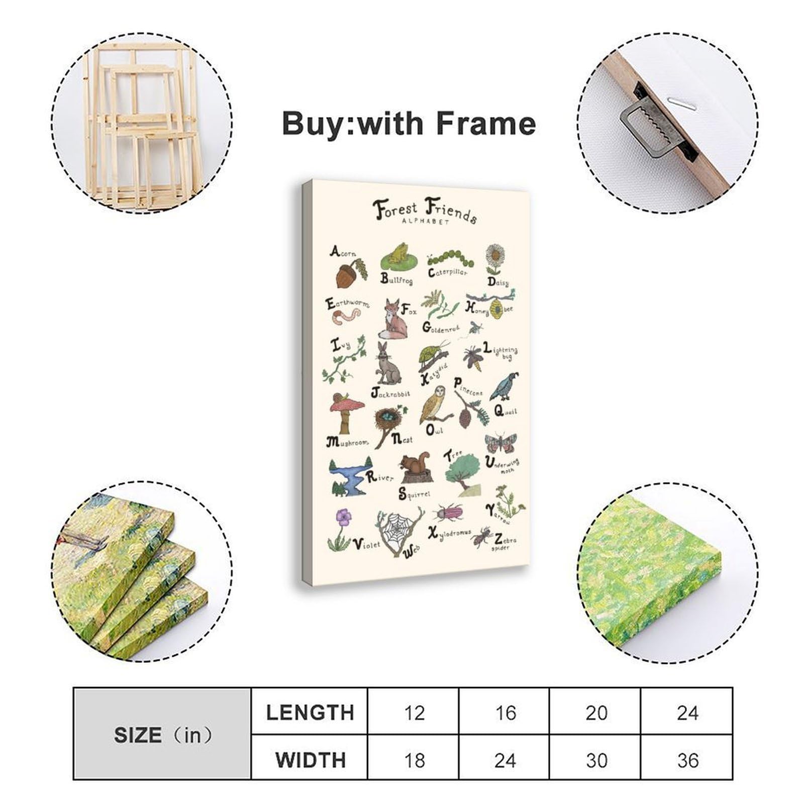 Lettres de l'alphabet de la forêt, animaux de la forêt, décoration éducative pour enfants, poster sur toile, décoration murale pour salon, chambre à coucher, 61 x 91,4 cm (L x l)