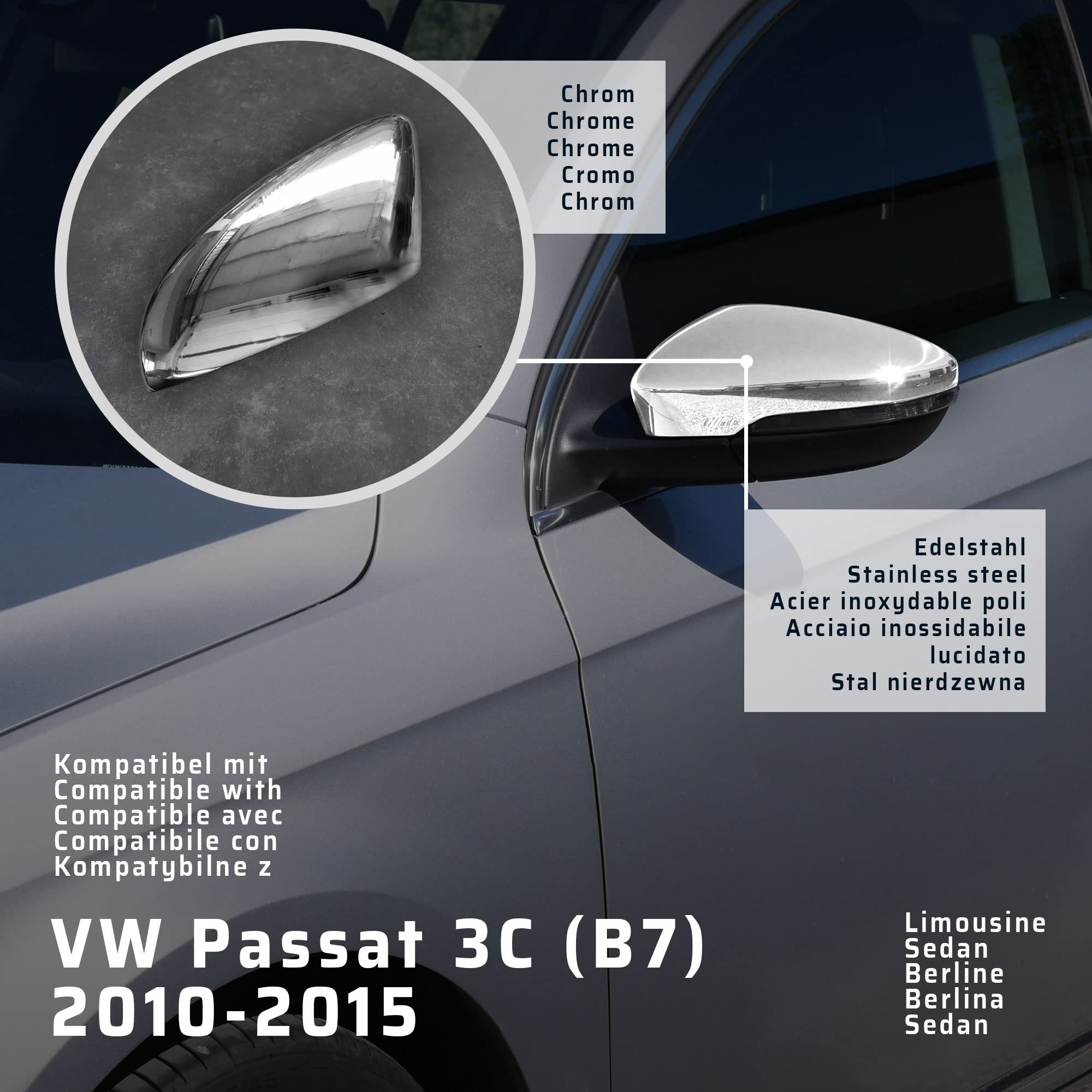 CHROMEMASTER | Nakładki na Lusterka Zewnętrzne | Kompatybilne z VW Passat 3C(B7) Sedan 2010-2015 | Stal nierdzewna; Osłony Lusterek to Niepowtarzalny Wygląd Auta i Ochrona Przed Uszkodzeniem