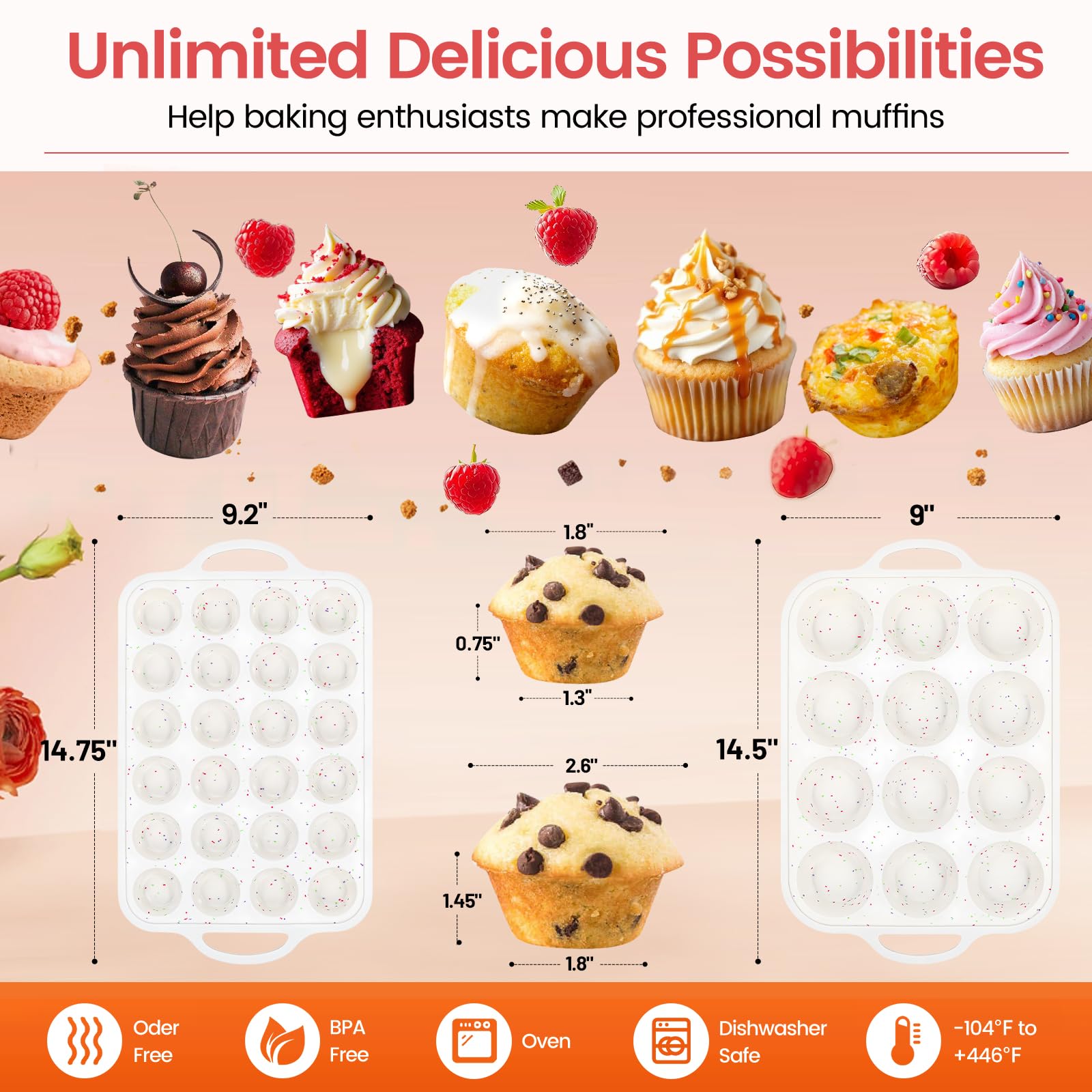 Silikon-Muffinform mit metallverstärktem Rahmen – Muffinform für 12 Muffins & Mini-Muffinform für 24 Muffins für selbstgemachte Muffins, Cupcakes und Brot, ofen- und spülmaschinenfest,