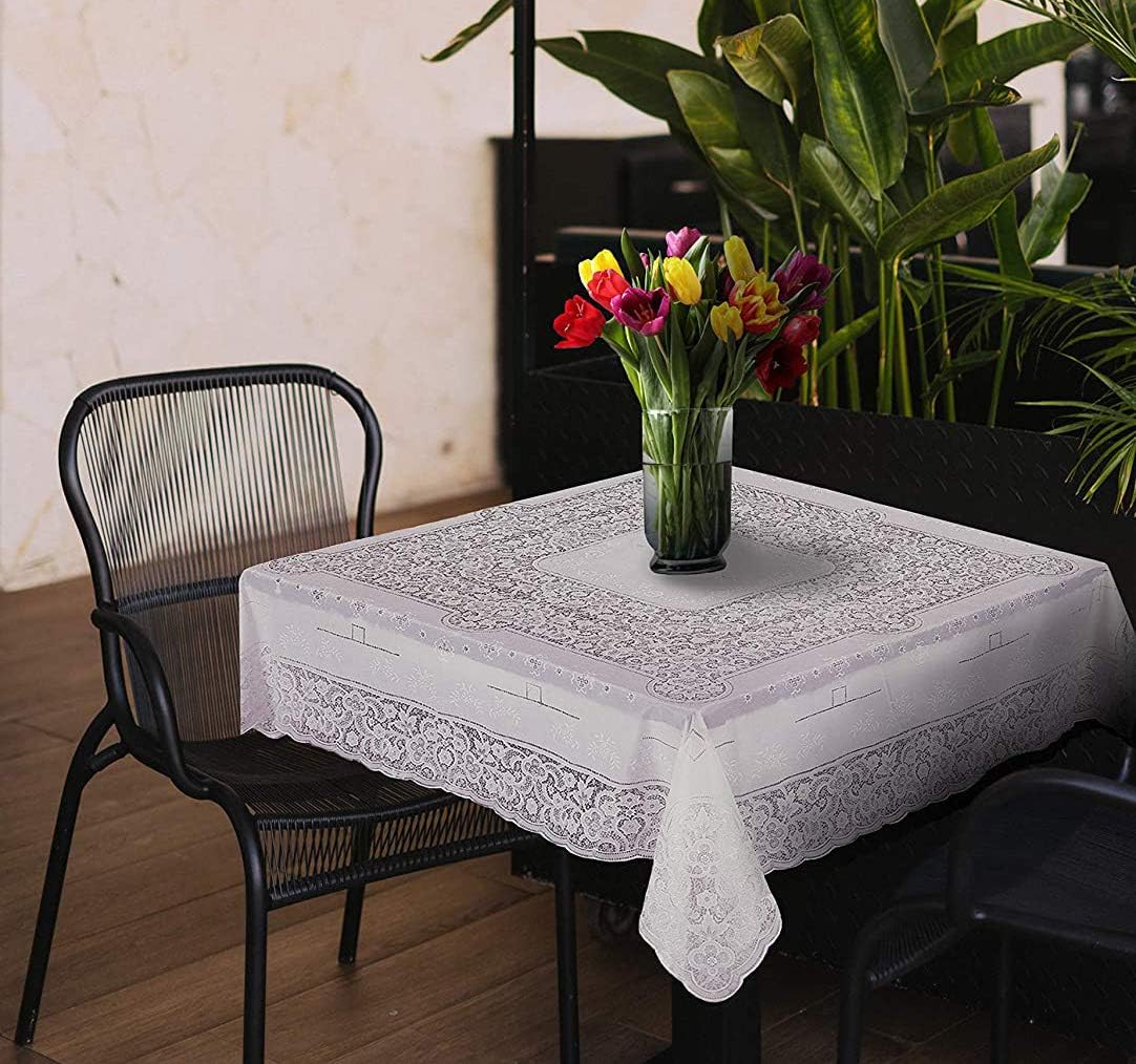 100% Embossed Vinyl Lace Table Cloth, Waterproof, Wipe Clean, Assorted Sizes & Shapes, Rectangle/Square/Round/Oval - White (Square 135x135 cm)