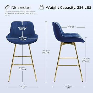 Zouron Swivel Bar Stools Set of 2 for Kitchen, 29 Bar Height Chairs with Back Tall Barstools Velvet Kitchen Island Stools with Gold-Plated Metal Legs, Blue