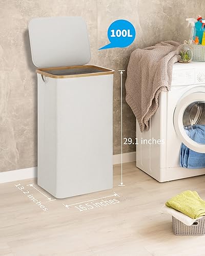 Miniatura 3 de efluky Cesta de lavandería con tapa y bolsa extraíble, cesta de lavandería de 100 litros de alto con asas de bambú, papelera estética para ropa Gris