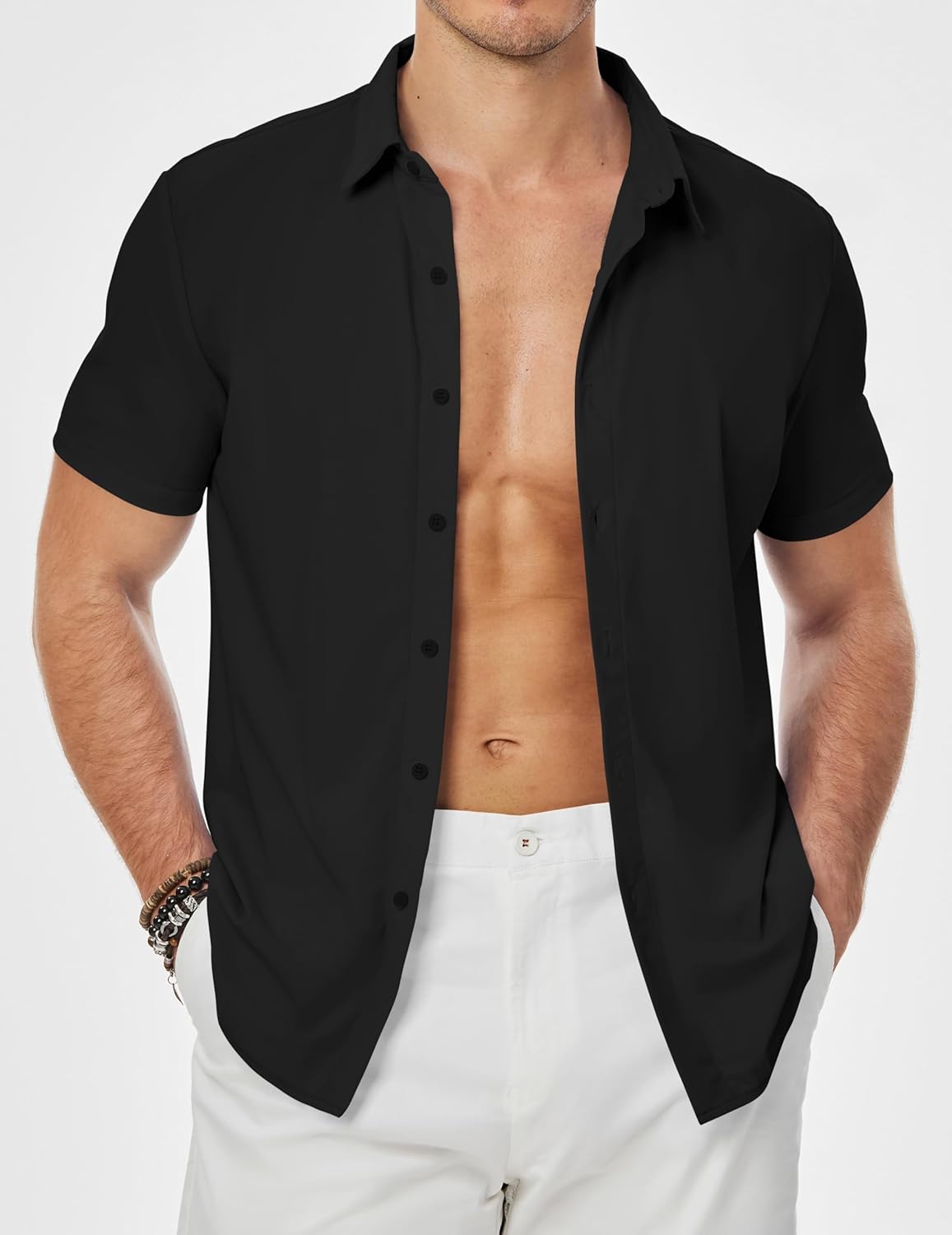 JMIERR Men's Muscle Fit Button Down Shirts Summer Casual Short Sleeve High Stretch Wrinkle-Free Shirt - Image 9