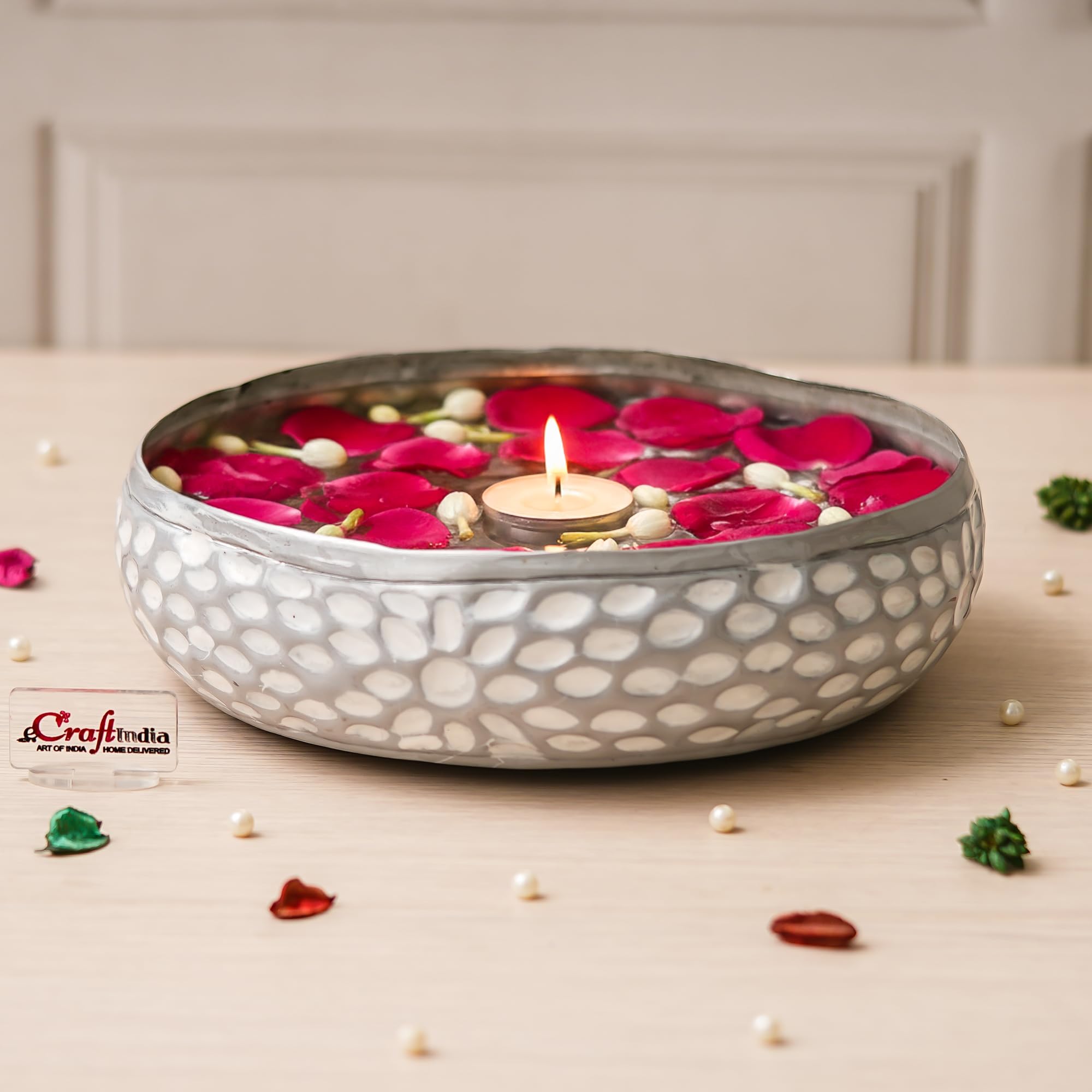 eCraftIndia Silver Metal Urli Bowl for Home Decoration Office Tv Unit Kitchen Showpiece for Good Luck | Urli for Floating Candles Flowers for Pooja Room Entryway Living Room Diwali Gift