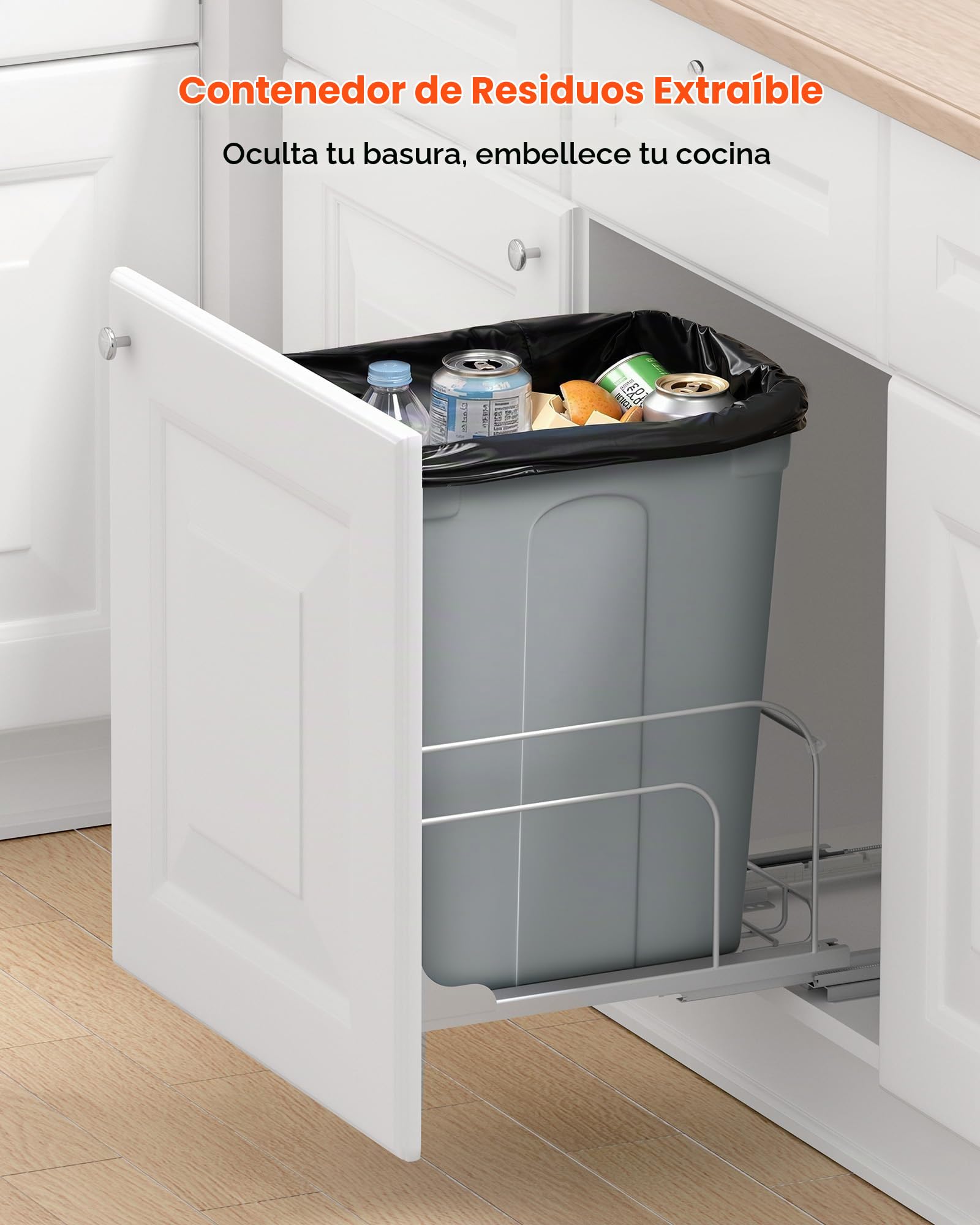 VEVOR Cubo de Basura Extraíble para Armarios de Cocina, Montaje Bajo Encimera, Gris, con Sistema Deslizante de Cierre Suave de Metal y Kit de Puerta, para Fregadero y Encimera, 410 x 277 x 487 mm