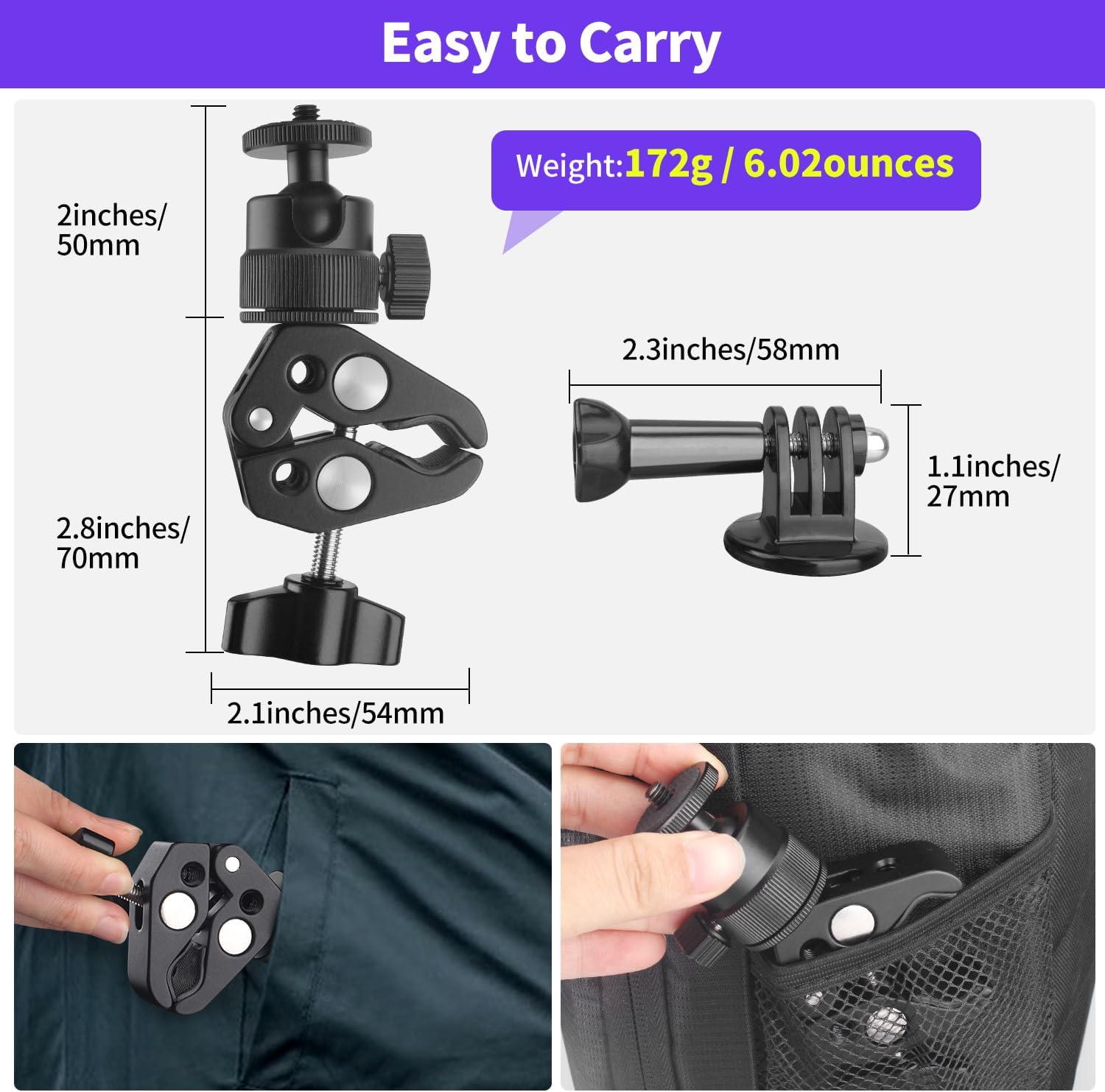 Super Clamp Camera Mount with 360° Ball Head, Action Camera Adapter, 1/4"-3/8" Thread, 6.6 LB/3 KG Load-Bearing Motorcycle Bike Bicycle Pole Tube Tripod Desk Camera Mount for Light Insta360 DSLR image 7 of 7 B0CLJGHWKP