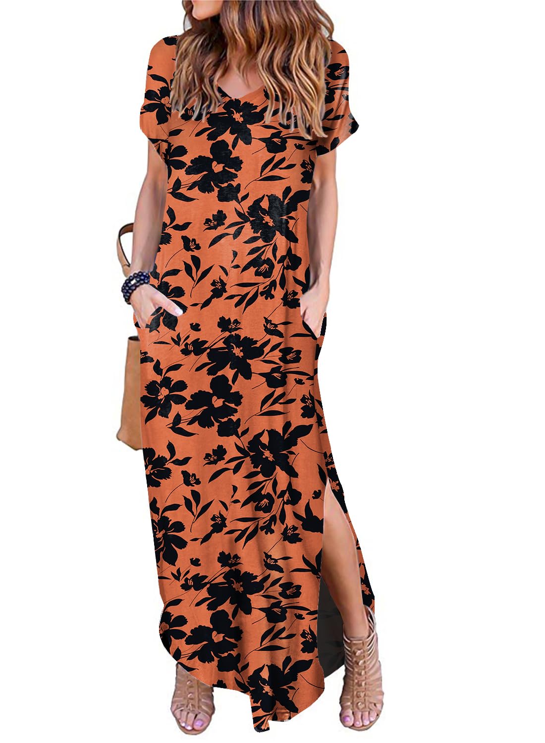 Camdoria Women's Casual Loose Sundress Short Sleeve V Neck Long Dress Split Maxi Summer Beach Dress with Pockets