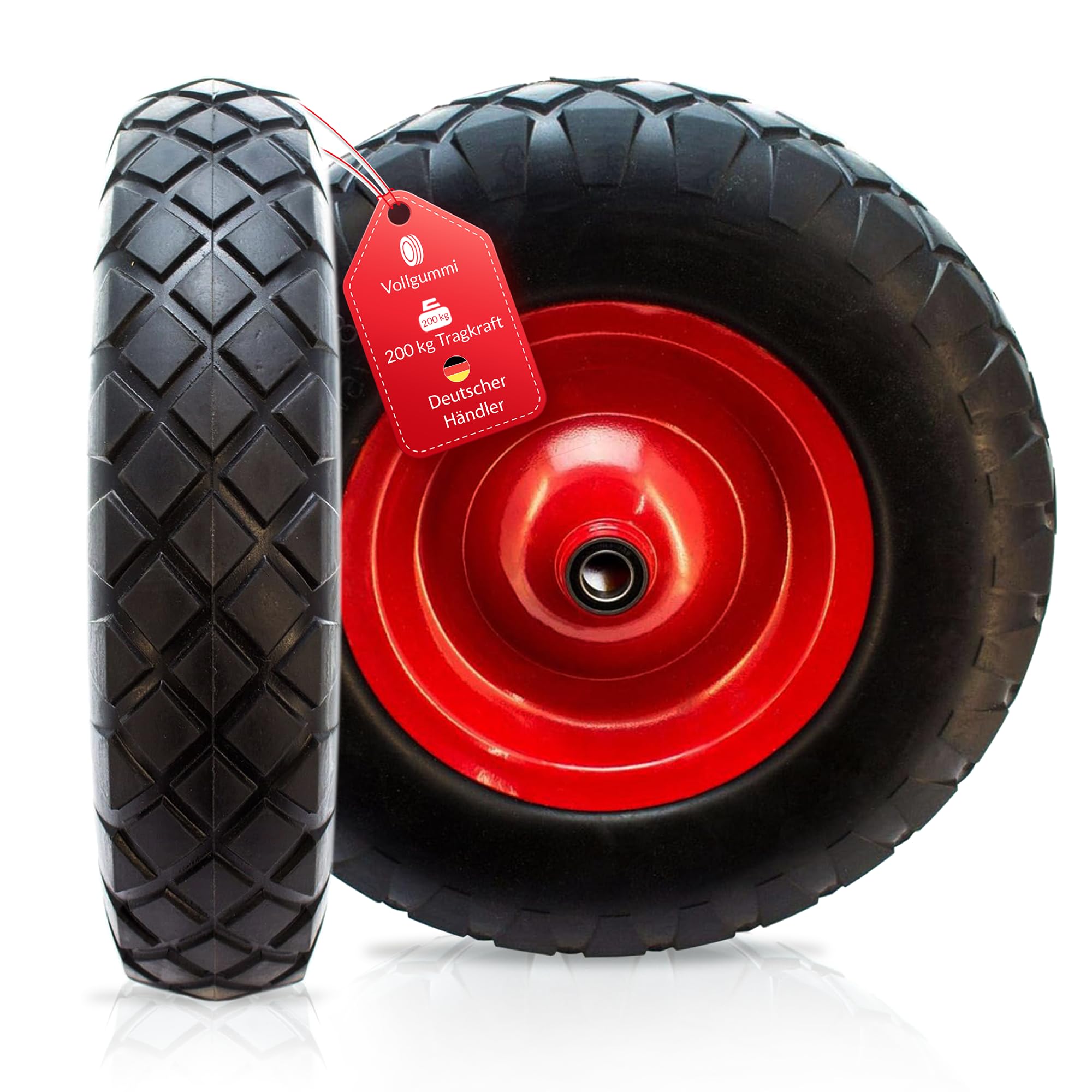 Schubkarrenrad Vollgummi 4.80/4.00-8 | PU Pannensicher | Universal Reifen für Schubkarre | Stahlfelge 200 kg Traglast | Laufruhig & Wartungsfrei | inkl. Achse & Schutzhülsen| Ersatzrad für Karren Wage