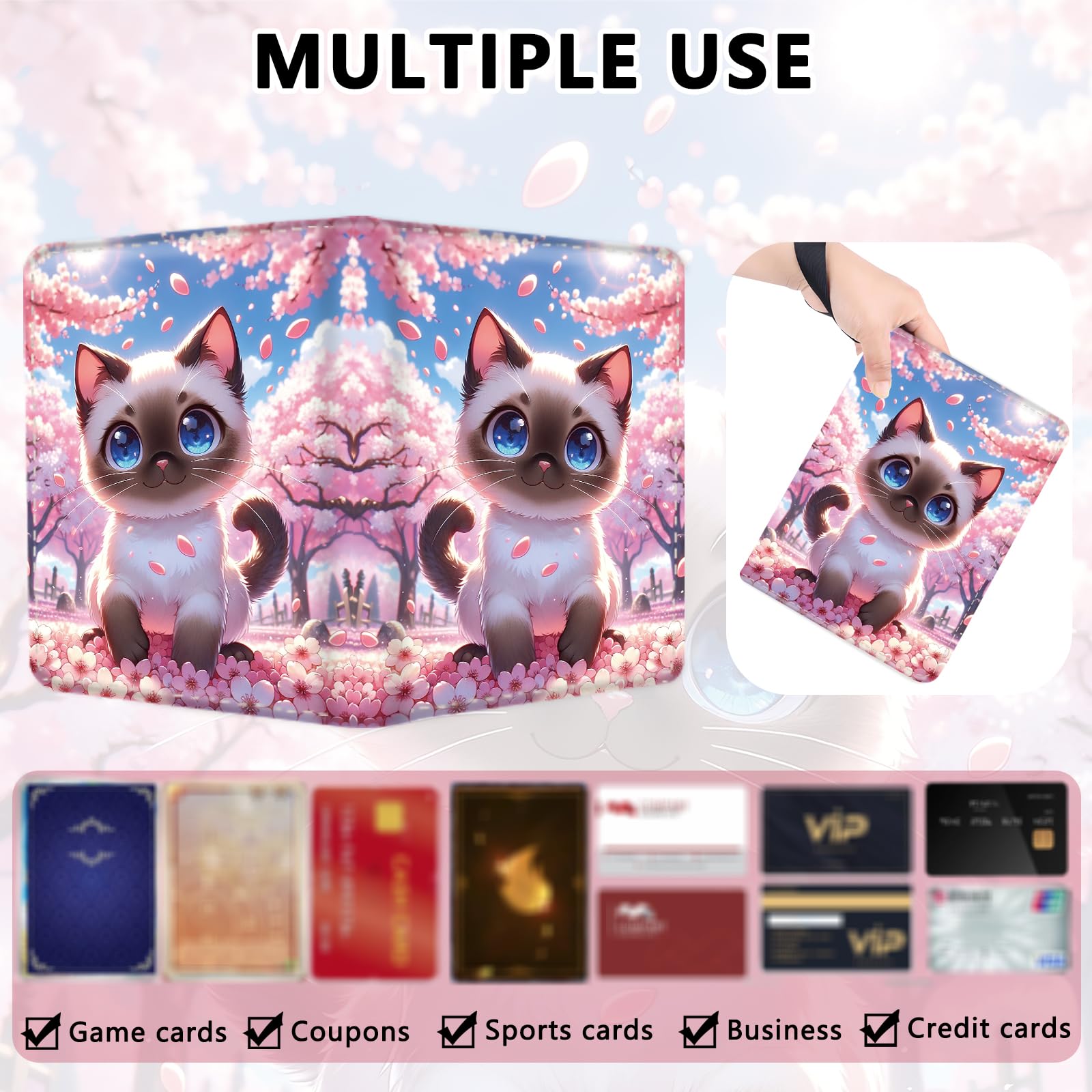 Carpeta de 4 bolsillos para tarjetas coleccionables con 50 fundas extraíbles, almacenamiento con cremallera de 400 capacidades para MTG, TCG y tarjetas deportivas (lindo gato debajo del cerezo)