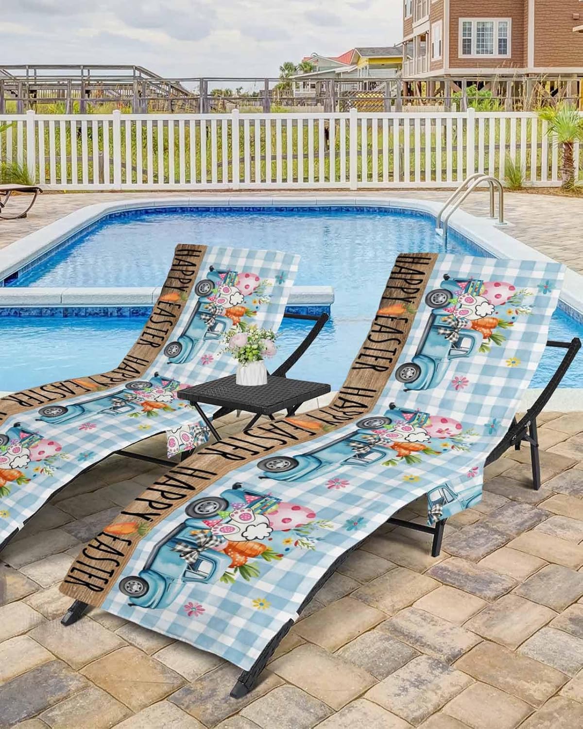Easter Car Beach Pool Patio Lounge Chaise Chair Cover Towel With Pockets,Absorbent & Quick Dry Microfiber Towel Cover Bag Summer Sunbathing Accessories Blue Truck Egg Carrot Bunny Butt Plaid Floral