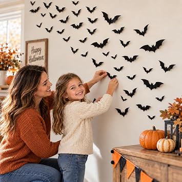 Cleangor 140 PCS Halloween Bat Decorations, 3D Wall Decor, 5 Sizes, Indoor
