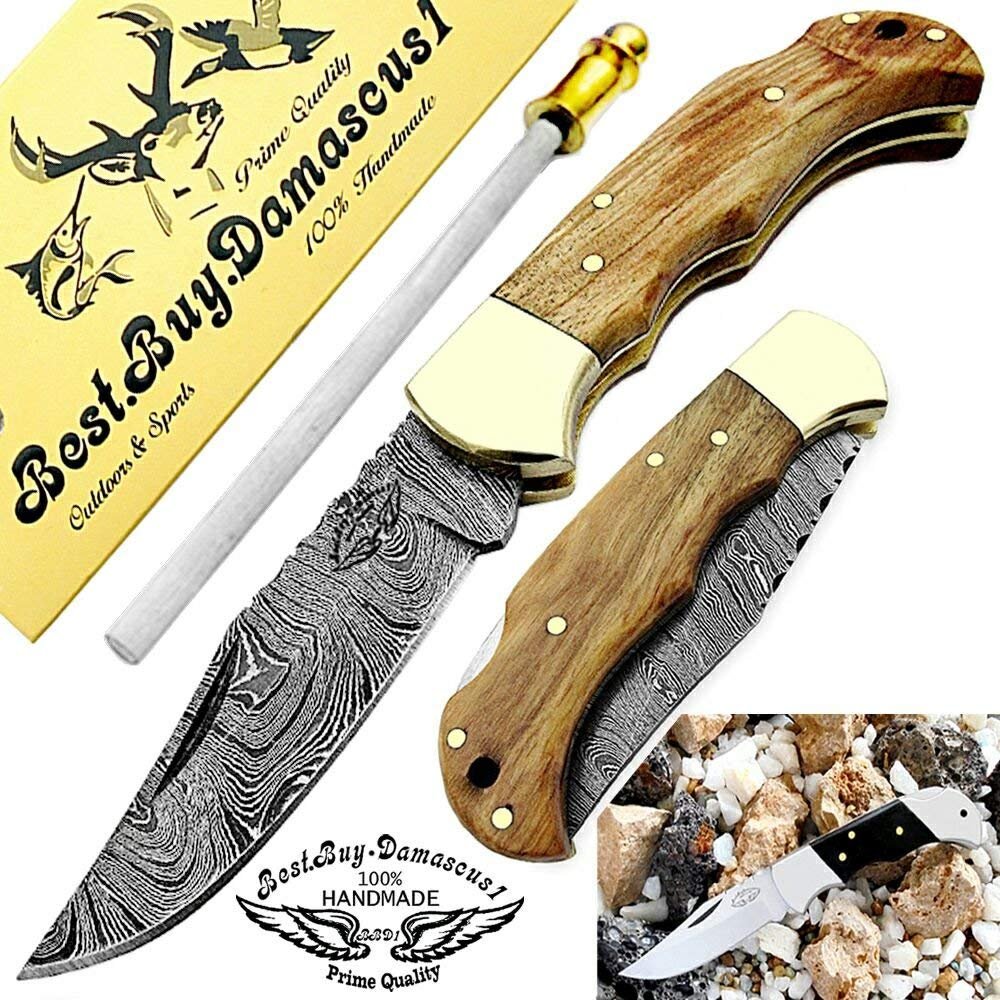 Buy Damascus pocket knifefolding hunting knives 6.5" Olive Wooden
