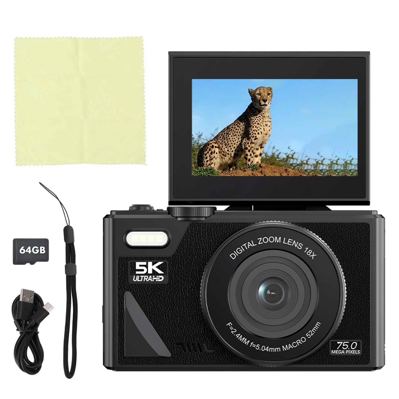 EMEBAY Fotocamera Digitale, Compatta 5K 75MP con scheda da 64 GB | Fotocamere selfie per fotografia, zoom 18X/videocamera Vlog/schermo flip da 3 pollici/anti-shake, videocamera